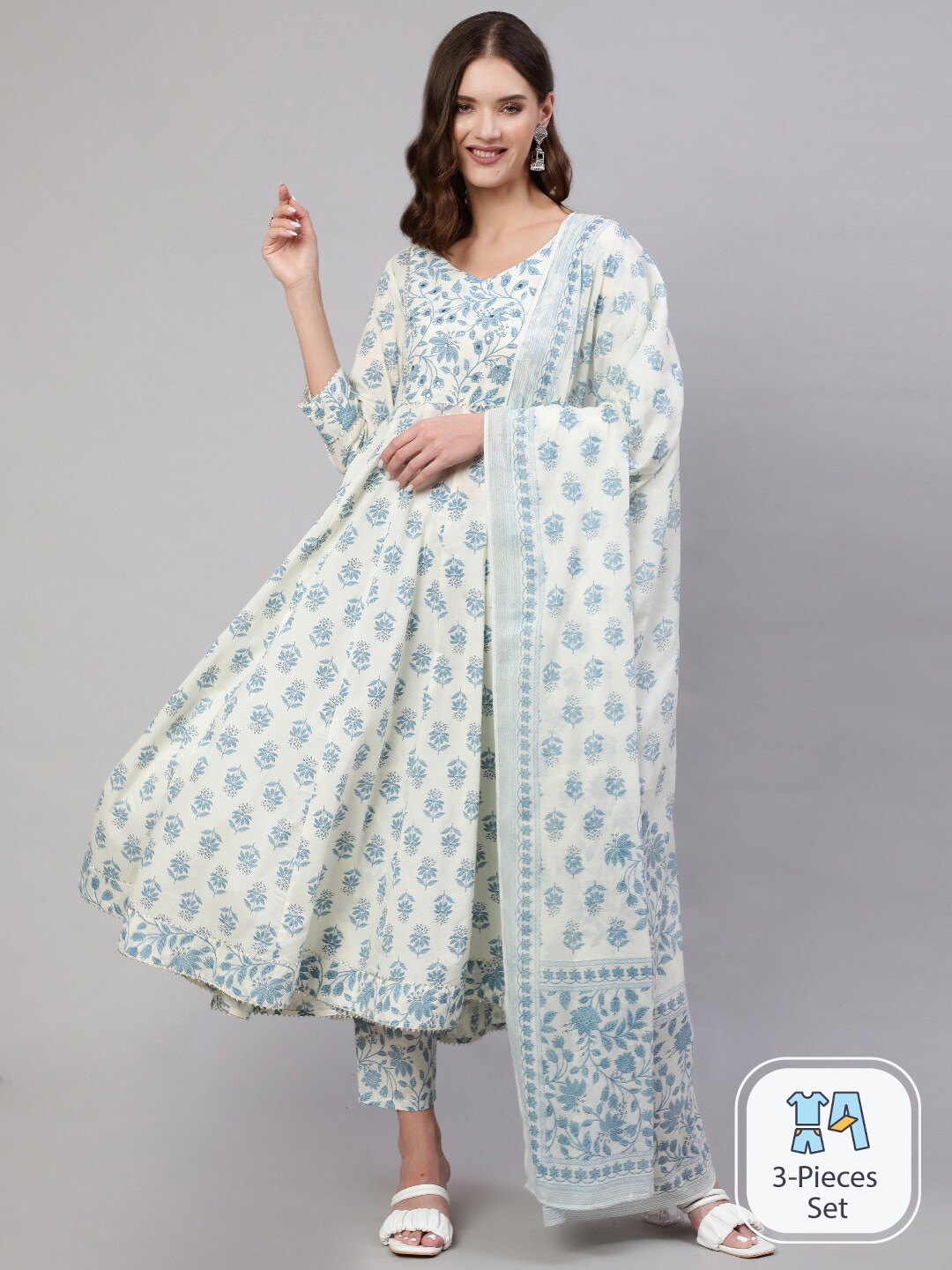 

Mizaz Floral Printed Empire Pure Cotton Kurta with Trousers & Dupatta, White