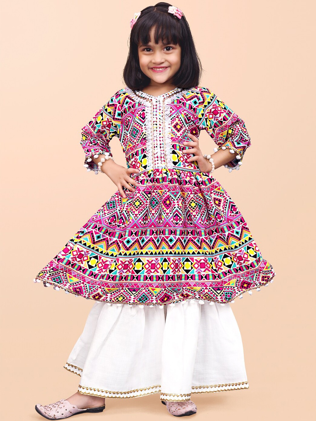 

BAESD Girls Geometric Printed A-Line Kurta With Sharara, Pink