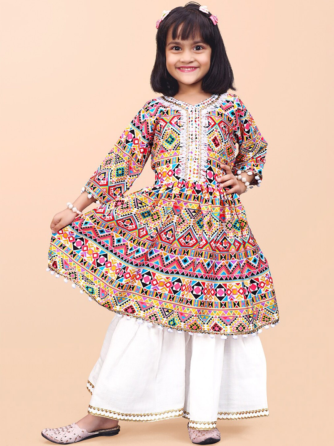 

BAESD Girls Geometric Printed Angrakha Anarkali Kurta With Sharara, Yellow