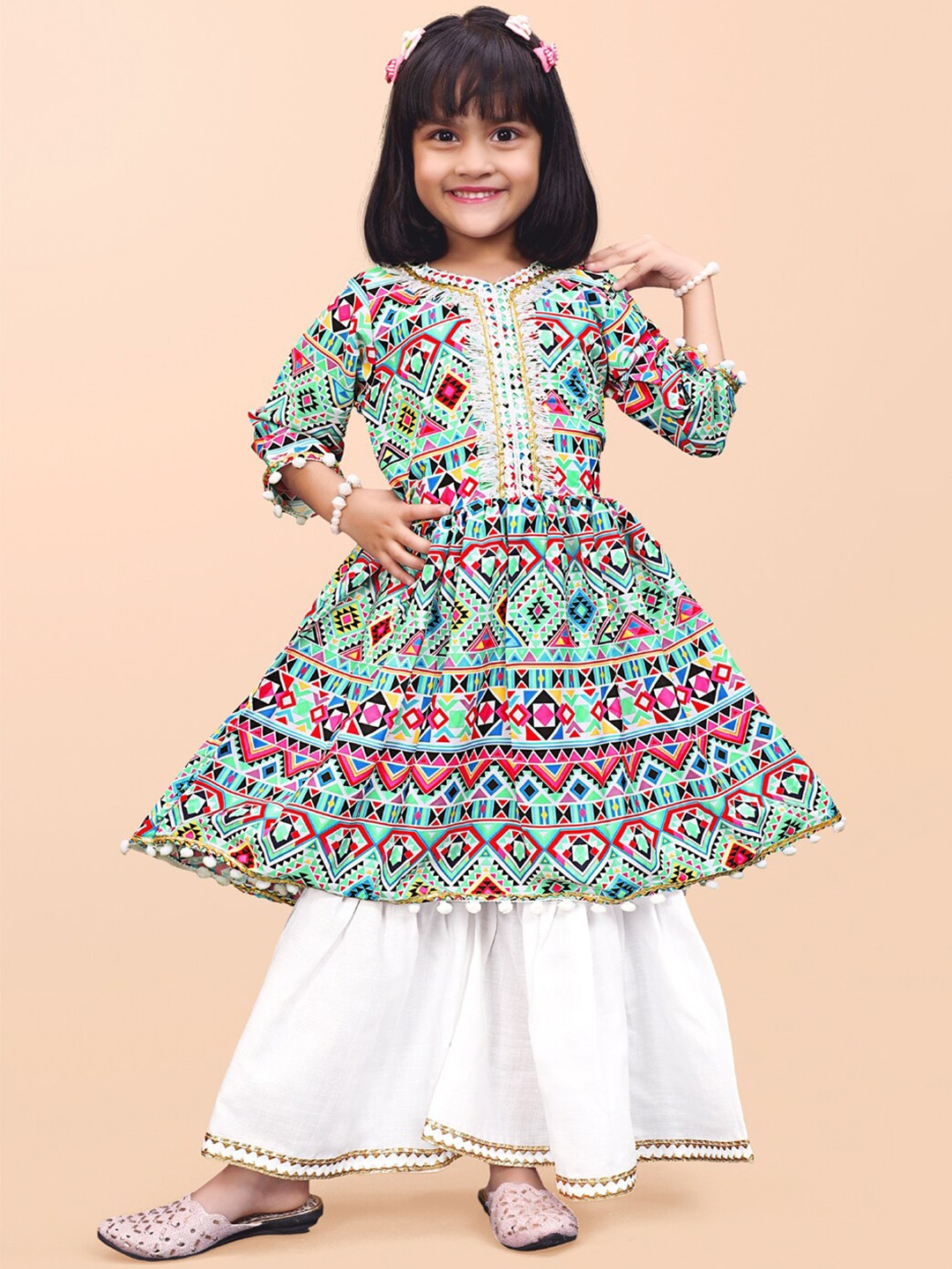 

BAESD Girls Geometric Printed Angrakha Anarkali Kurta With Sharara, Sea green