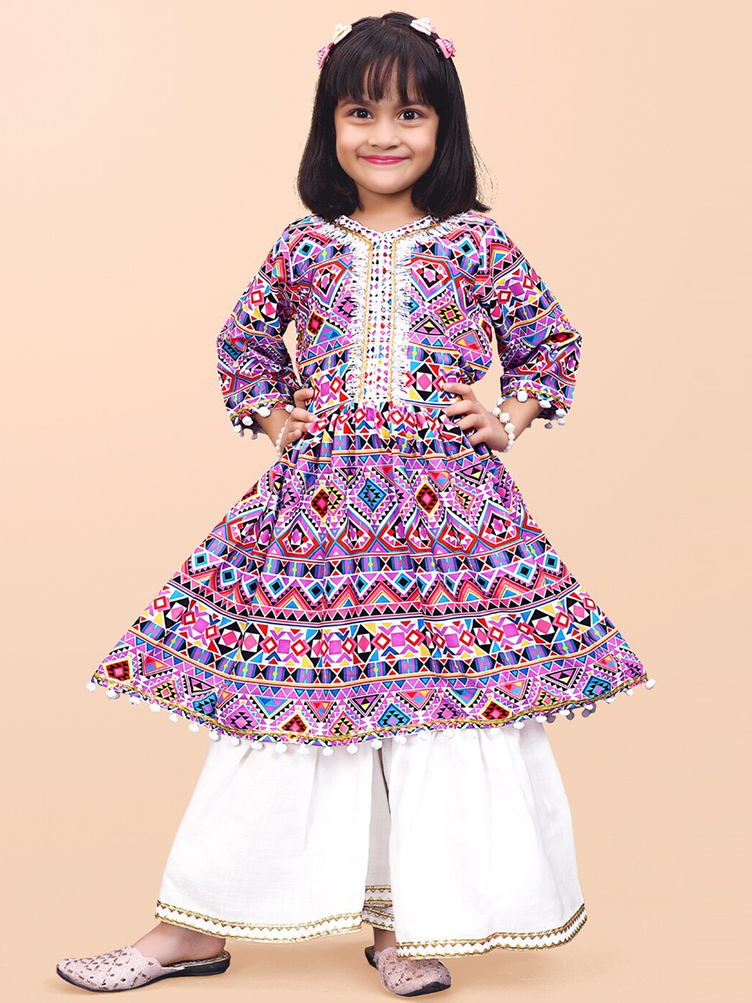 

BAESD Girls Geometric Printed Angrakha Anarkali Kurta With Sharara, Purple