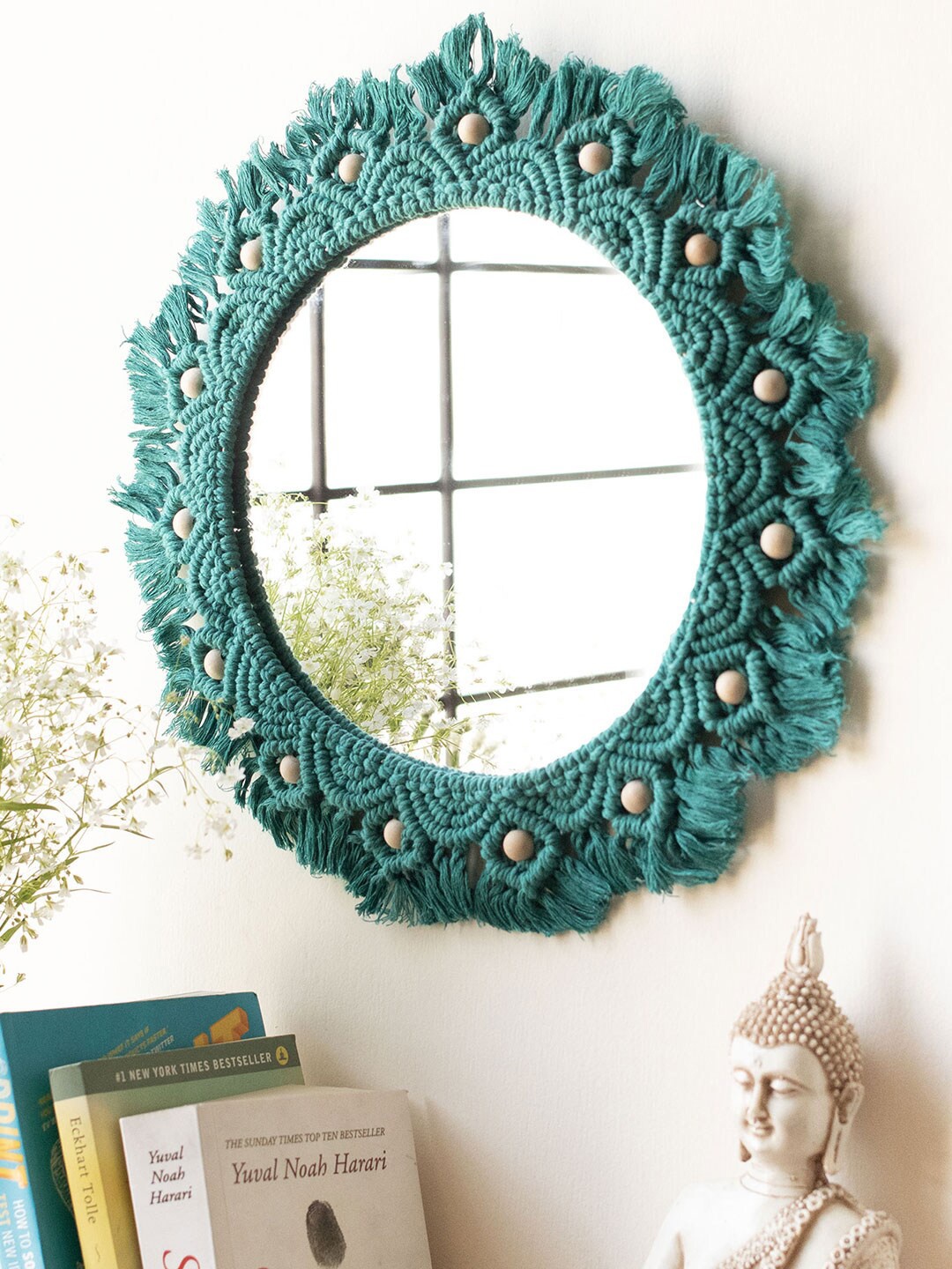 

Fermoscapes Turquoise Blue Textured Macrame Wall Mirror