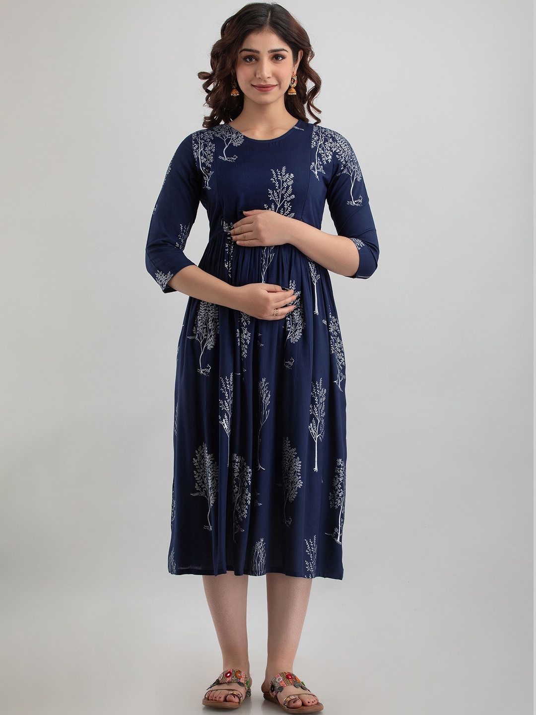 CELEBRAVO Floral Printed Pleated Maternity Fit & Flare Midi Dress, Blue
