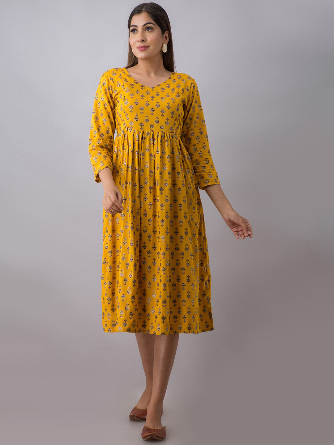

CELEBRAVO Floral Printed V-Neck Fit & Flare Pleated Maternity Kurta, Yellow