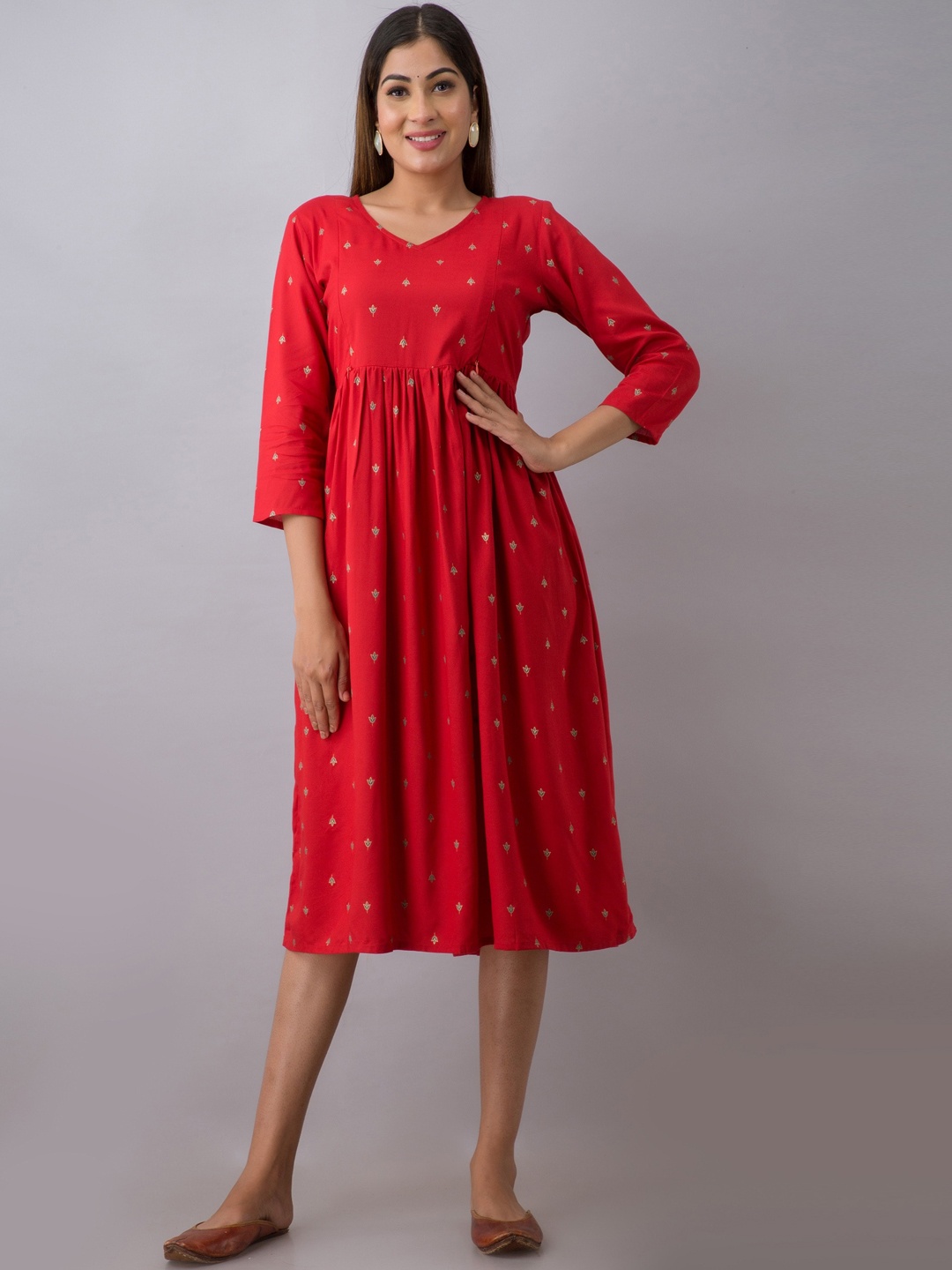 

CELEBRAVO Floral Printed V-Neck Fit & Flare Pleated Maternity Kurta, Red