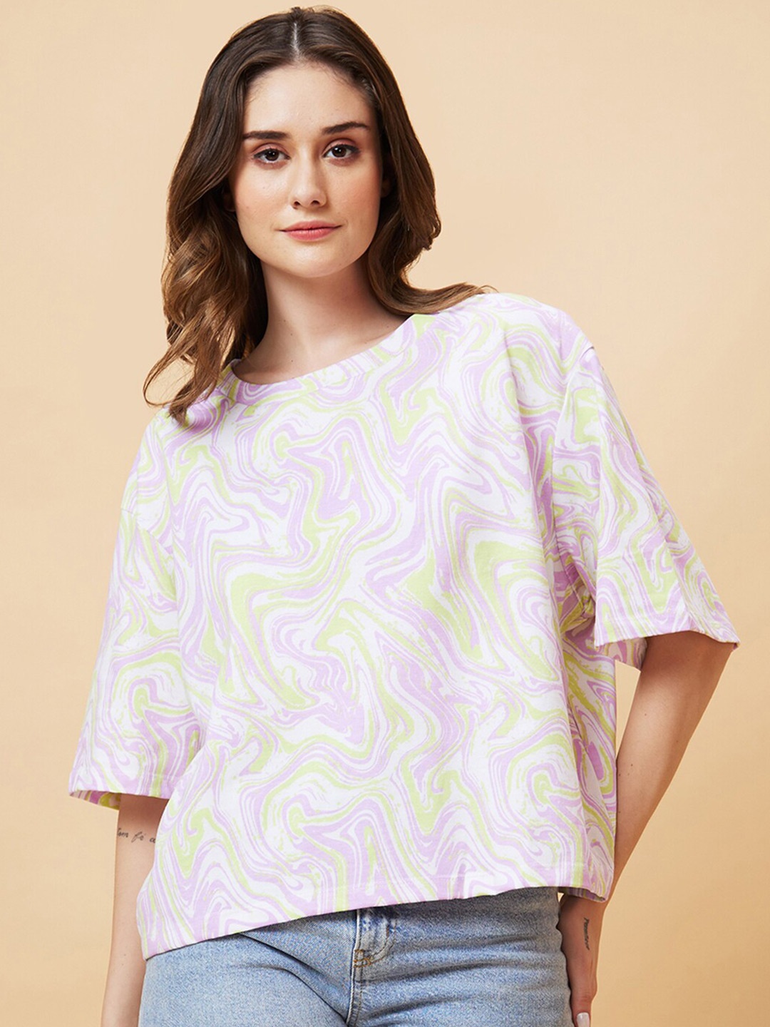 

Globus Abstract Printed Drop-Shoulder Pure Cotton Boxy T-shirt, Purple