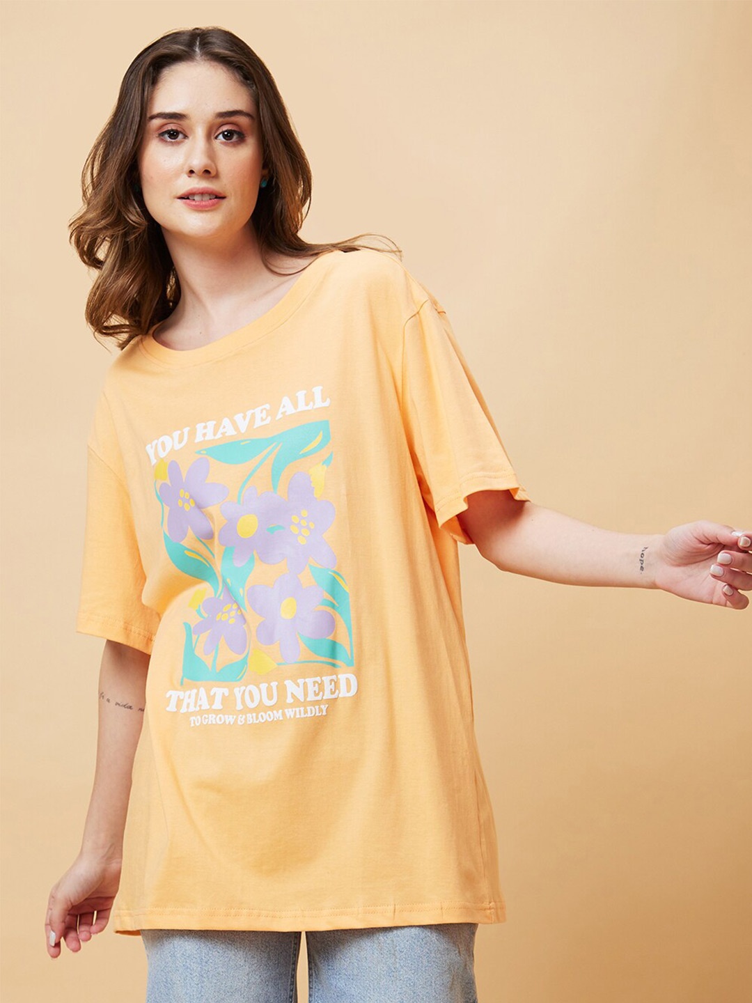 

Globus Typography Printed Drop-Shoulder Pure Cotton Oversized T-shirt, Orange