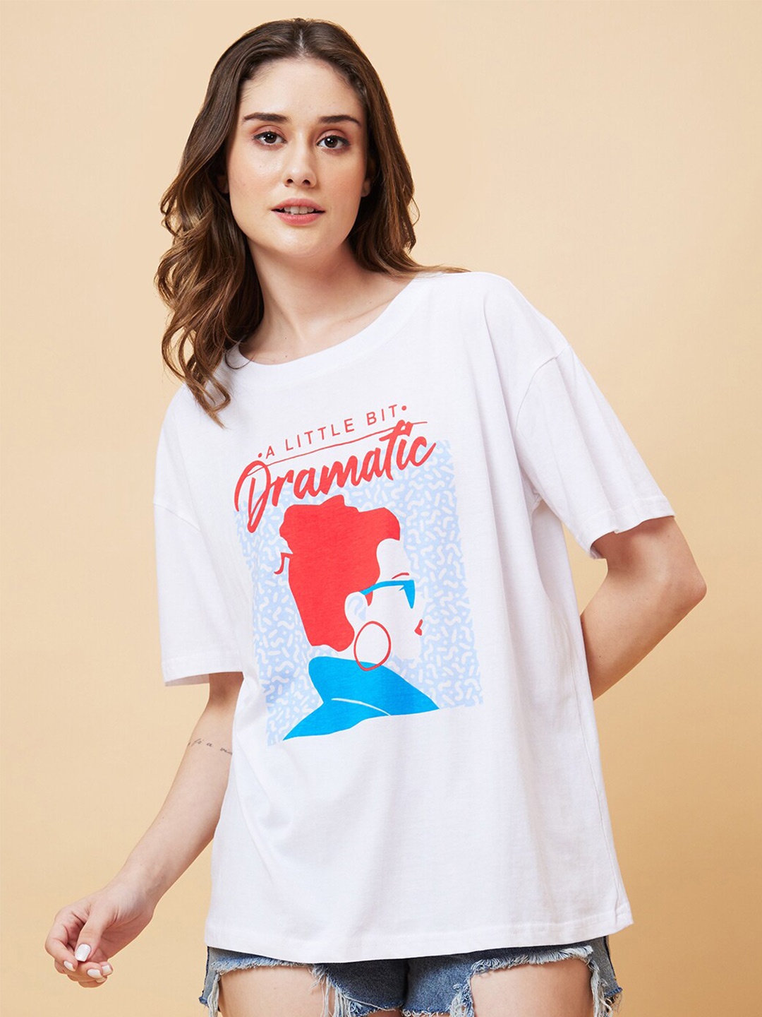 

Globus Graphic Printed V-Neck Boxy Fit Pure Cotton T-shirt, White