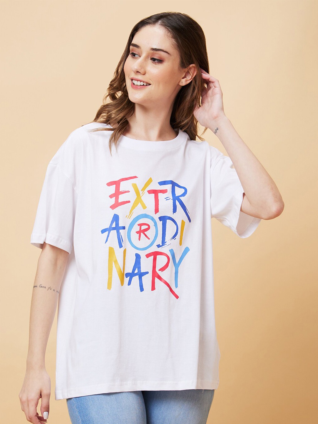 

Globus Typography Printed Drop-Shoulder Pure Cotton Oversized T-shirt, White