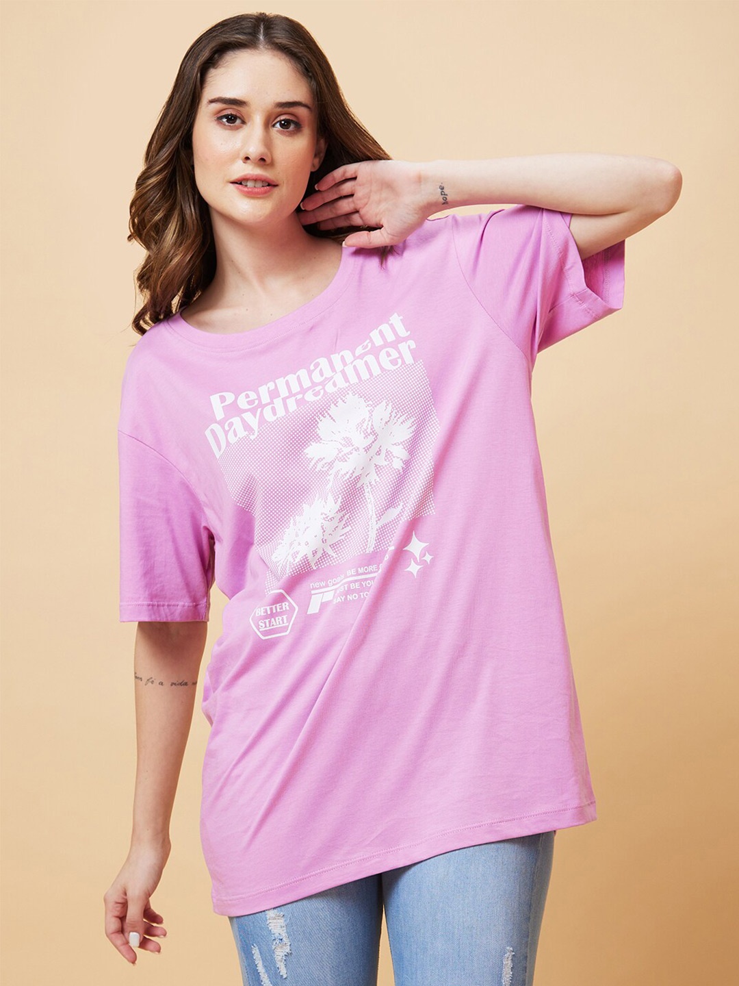 

Globus Typography Printed Drop-Shoulder Pure Cotton Oversized T-shirt, Purple