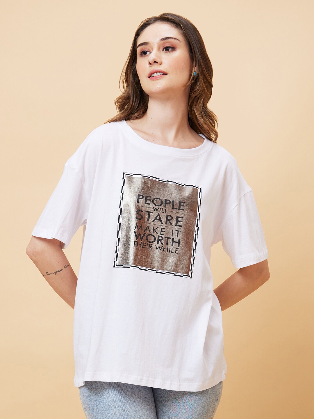 

Globus Typography Printed Drop-Shoulder Pure Cotton Oversized T-shirt, White