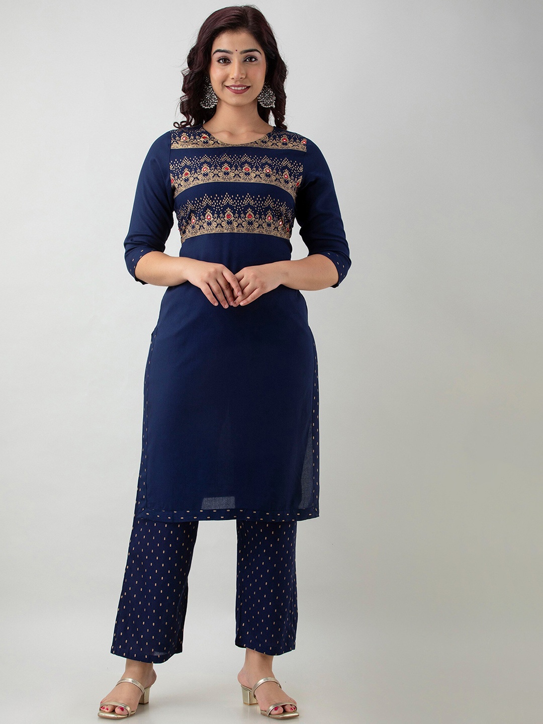 

CELEBRAVO Ethnic Motifs Yoke Design Straight Kurta With Trousers, Blue