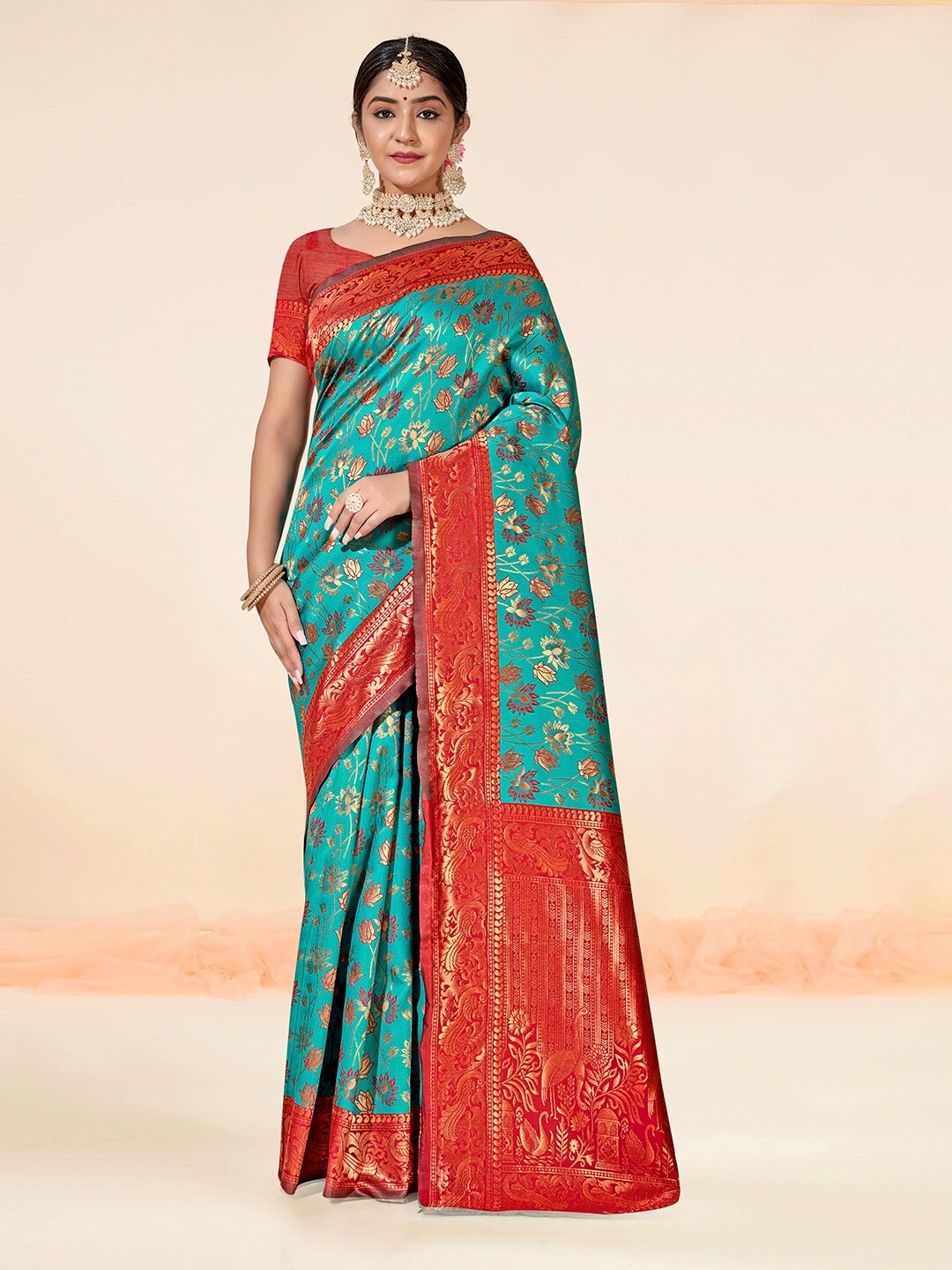 

Anouk Floral Woven Design Zari Kanjeevaram Saree, Turquoise blue