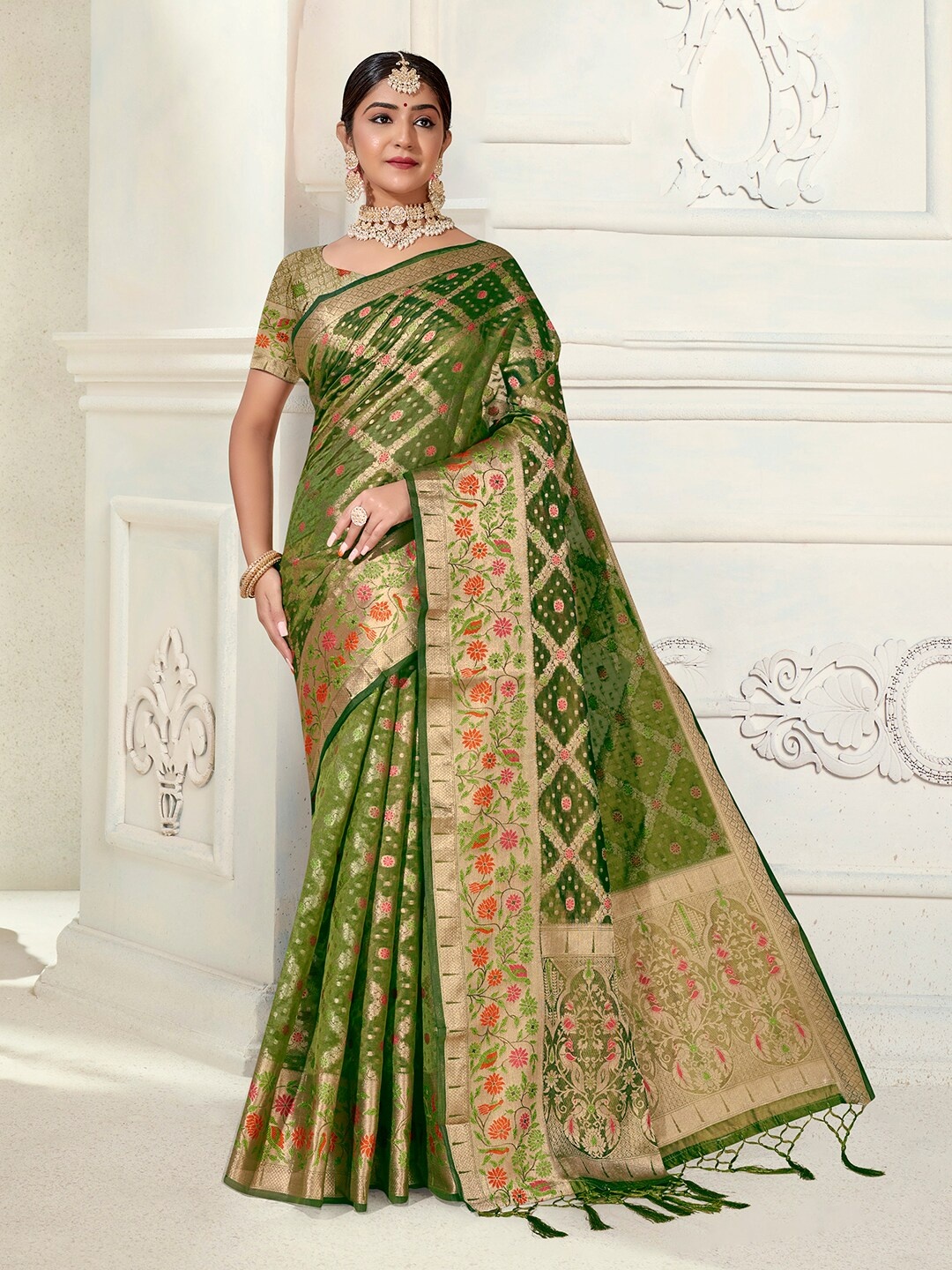 

Anouk Ethnic Motifs Woven Design Zari Organza Saree, Green