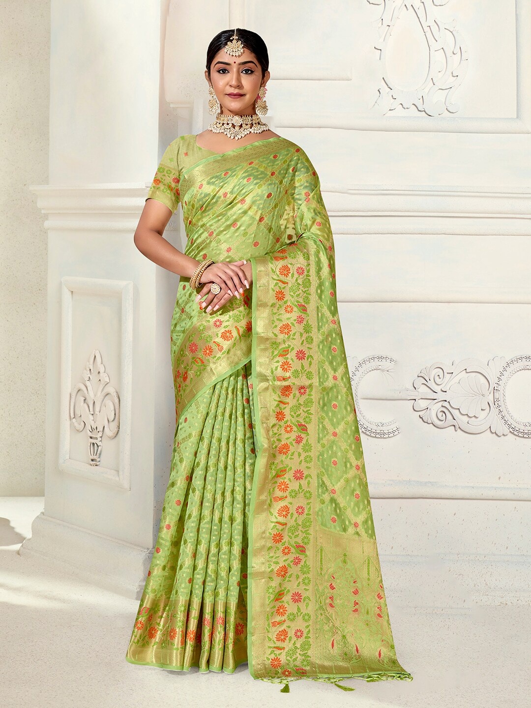 

Anouk Ethnic Motifs Woven Design Zari Organza Saree, Green