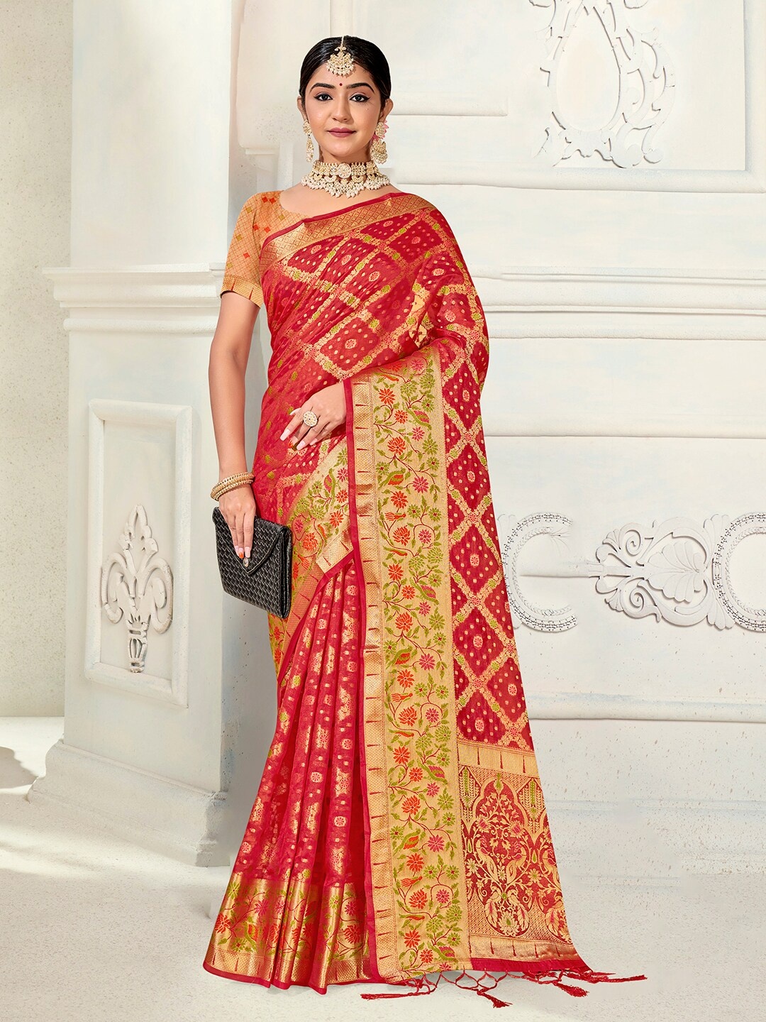 

Anouk Ethnic Motifs Woven Design Zari Organza Saree, Red