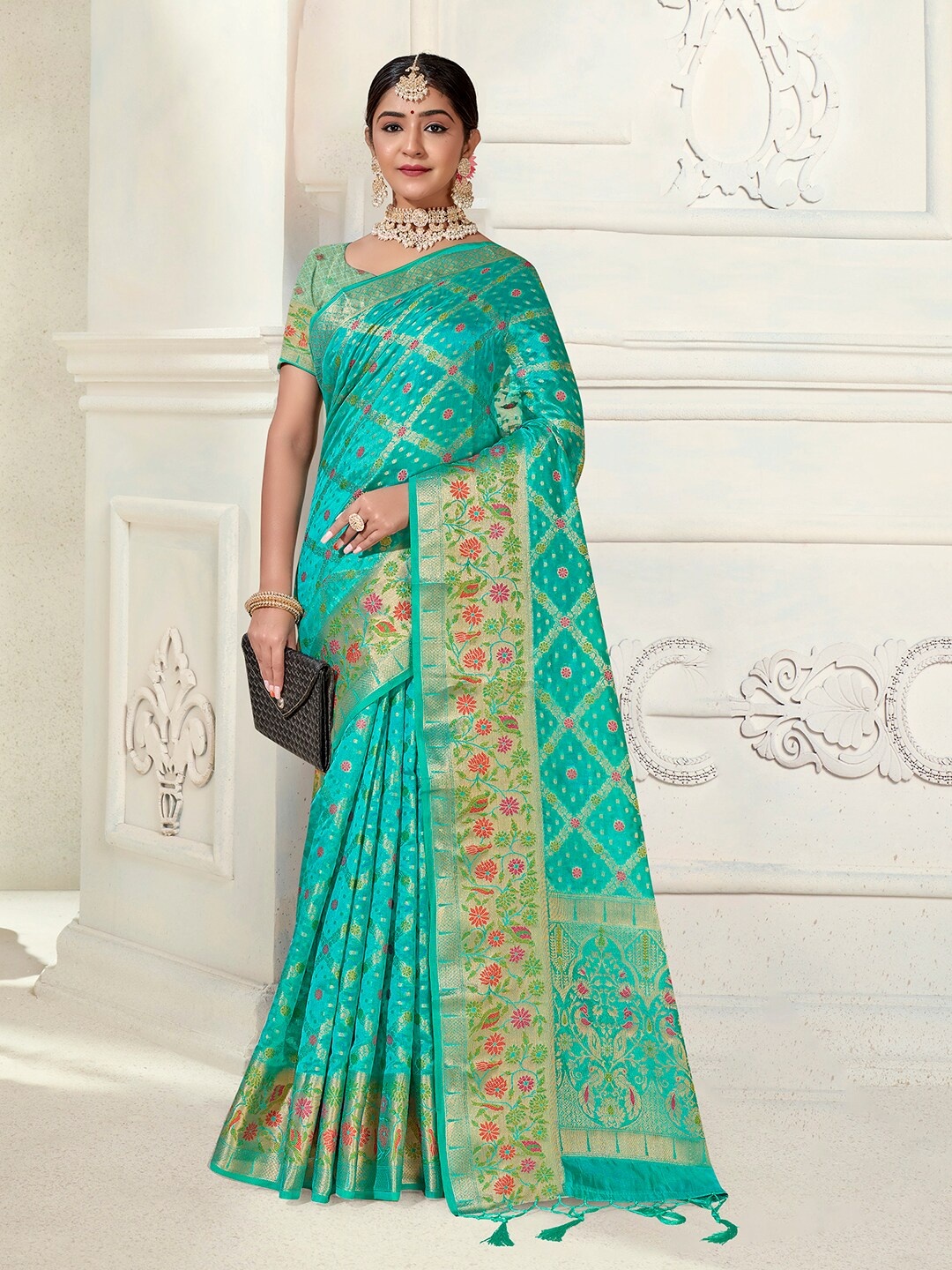 

Anouk Geometric Woven Design Zari Organza Saree, Turquoise blue