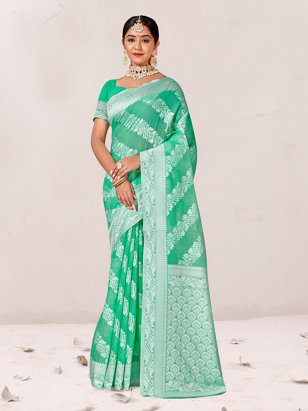 

Anouk Woven Design Zari Pure Cotton Chanderi Saree, Turquoise blue