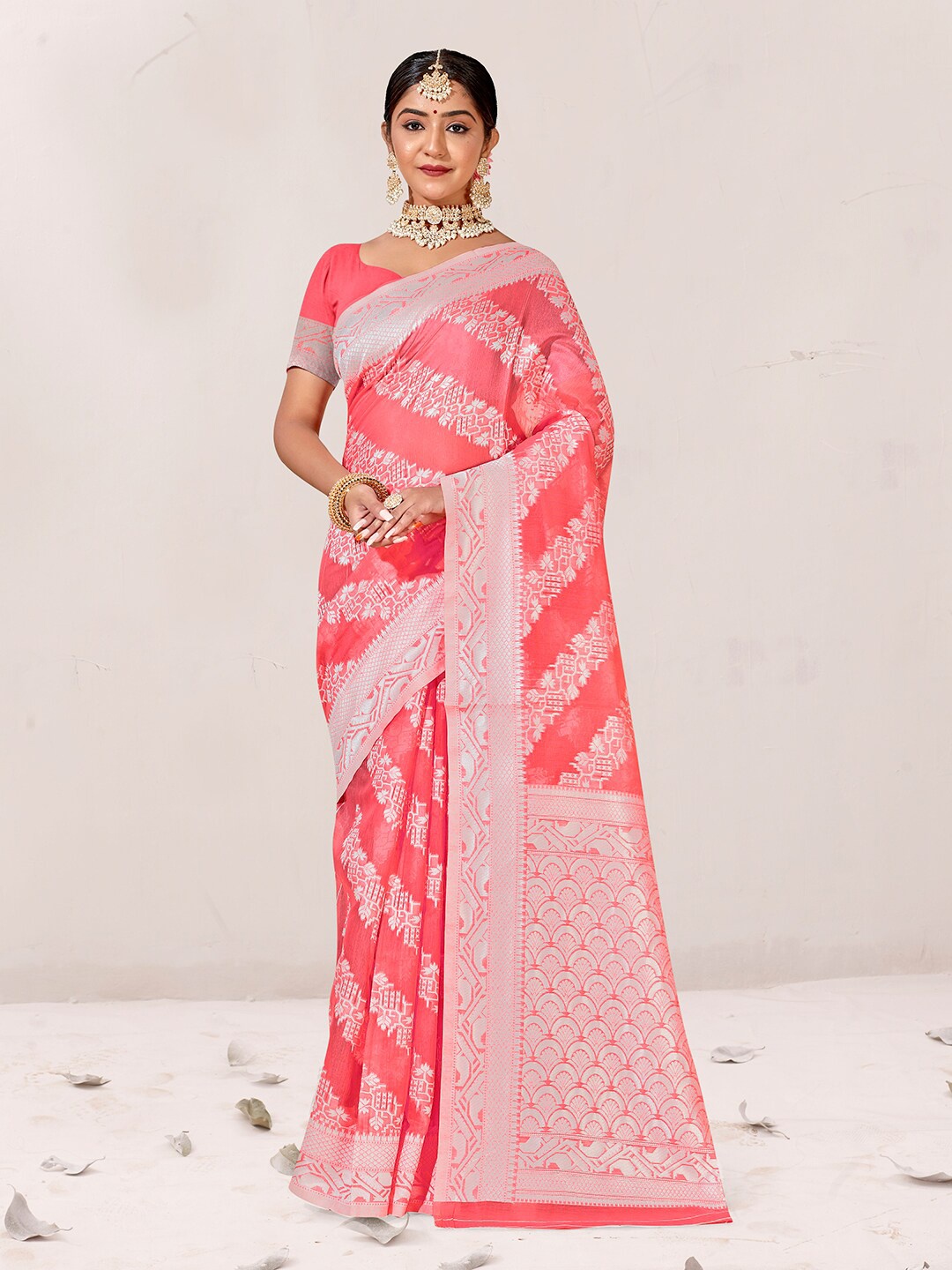 

Anouk Ethnic Motifs Woven Design Zari Pure Cotton Chanderi Saree, Pink