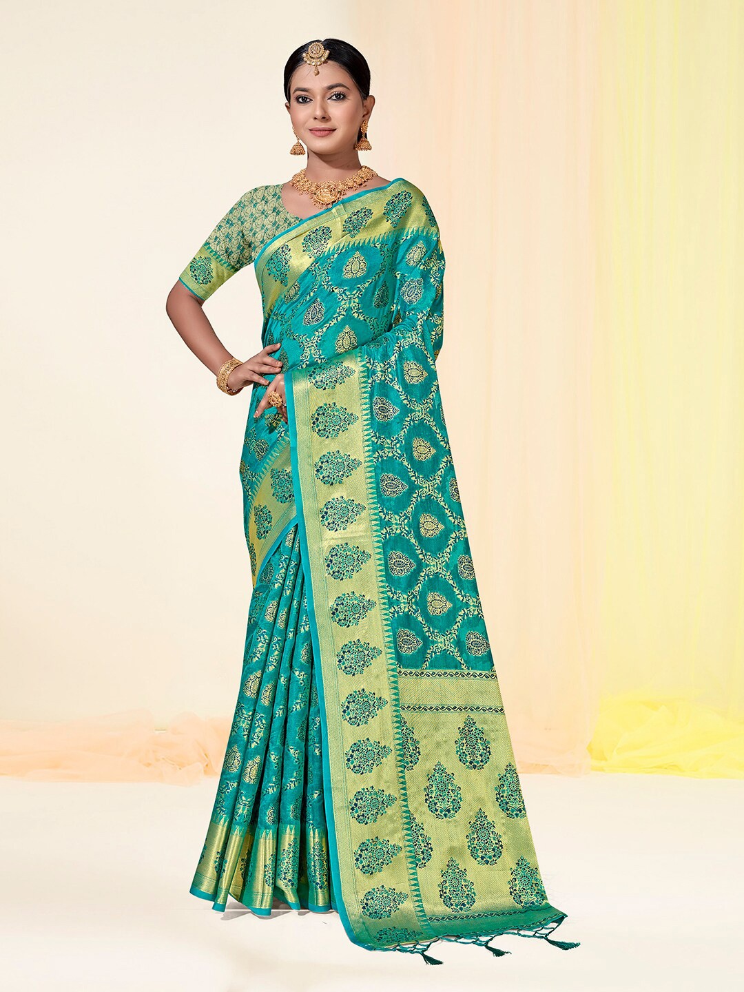 

Anouk Ethnic Motifs Woven Design Zari Organza Saree, Turquoise blue