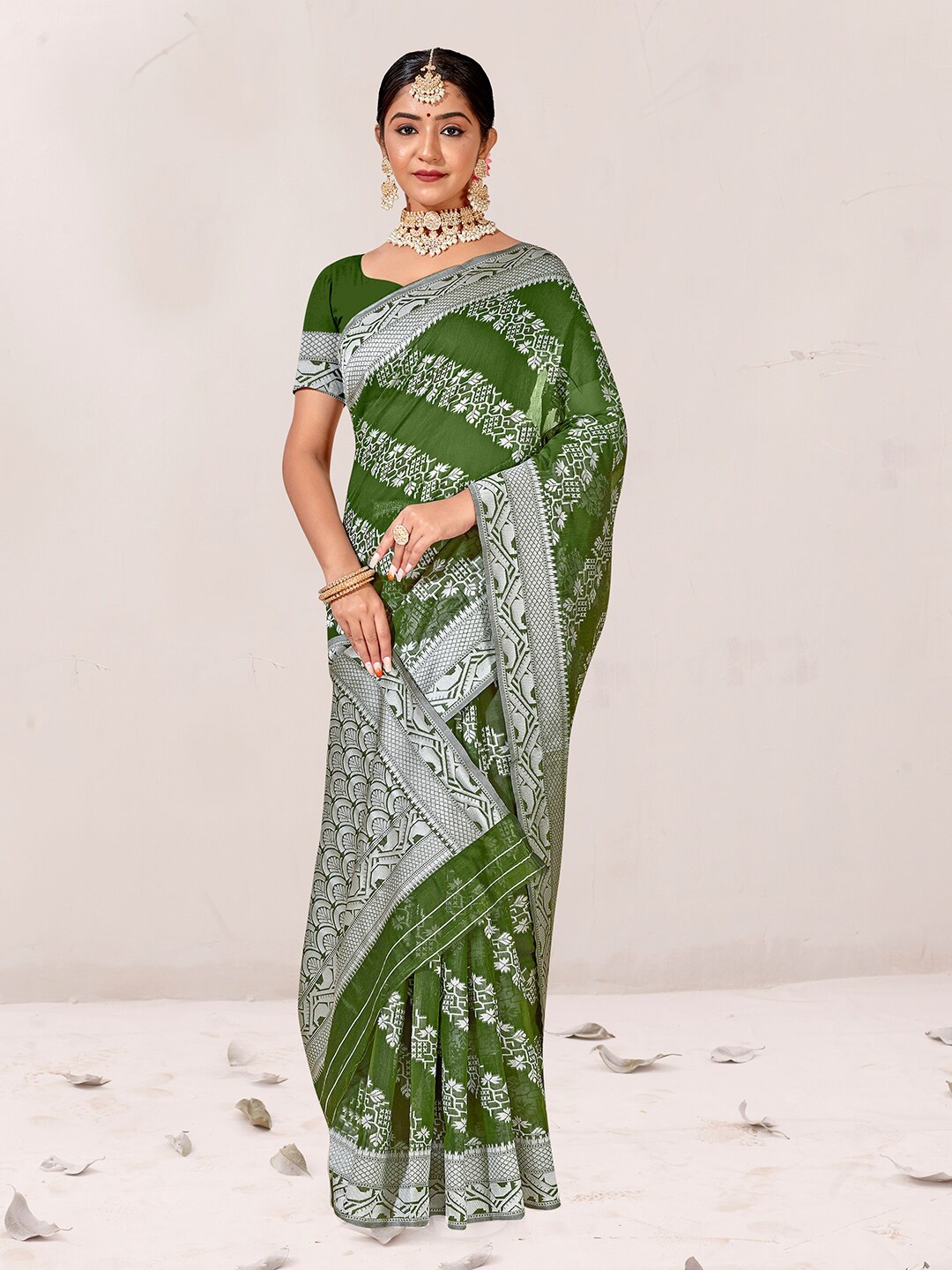 

Anouk Woven Design Zari Pure Cotton Chanderi Saree, Green