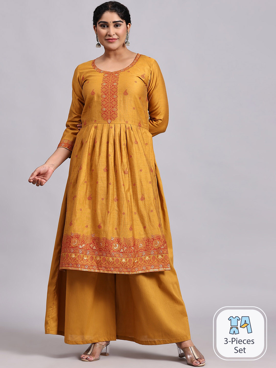 

HOUSE OF KIRNA'S WITH LOGO OF HOK Ethnic Motifs Woven Design Pure Cotton Kurta Set, Mustard