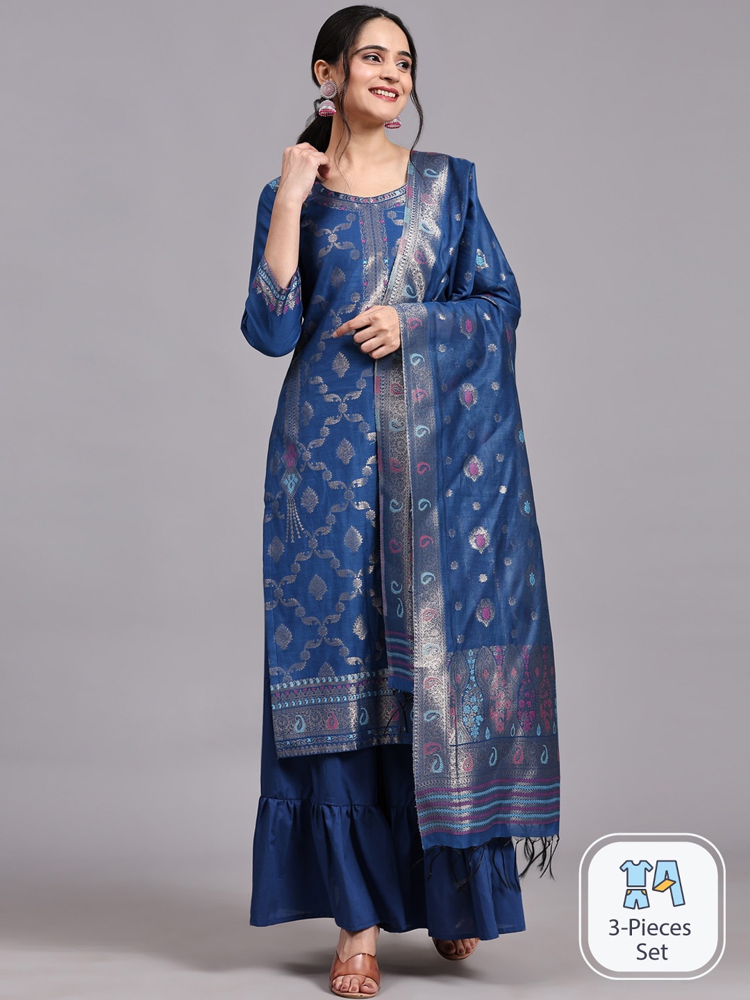 

HOUSE OF KIRNA'S WITH LOGO OF HOK Ethnic Motifs Pure Cotton Kurta With Sharara & Dupatta, Blue