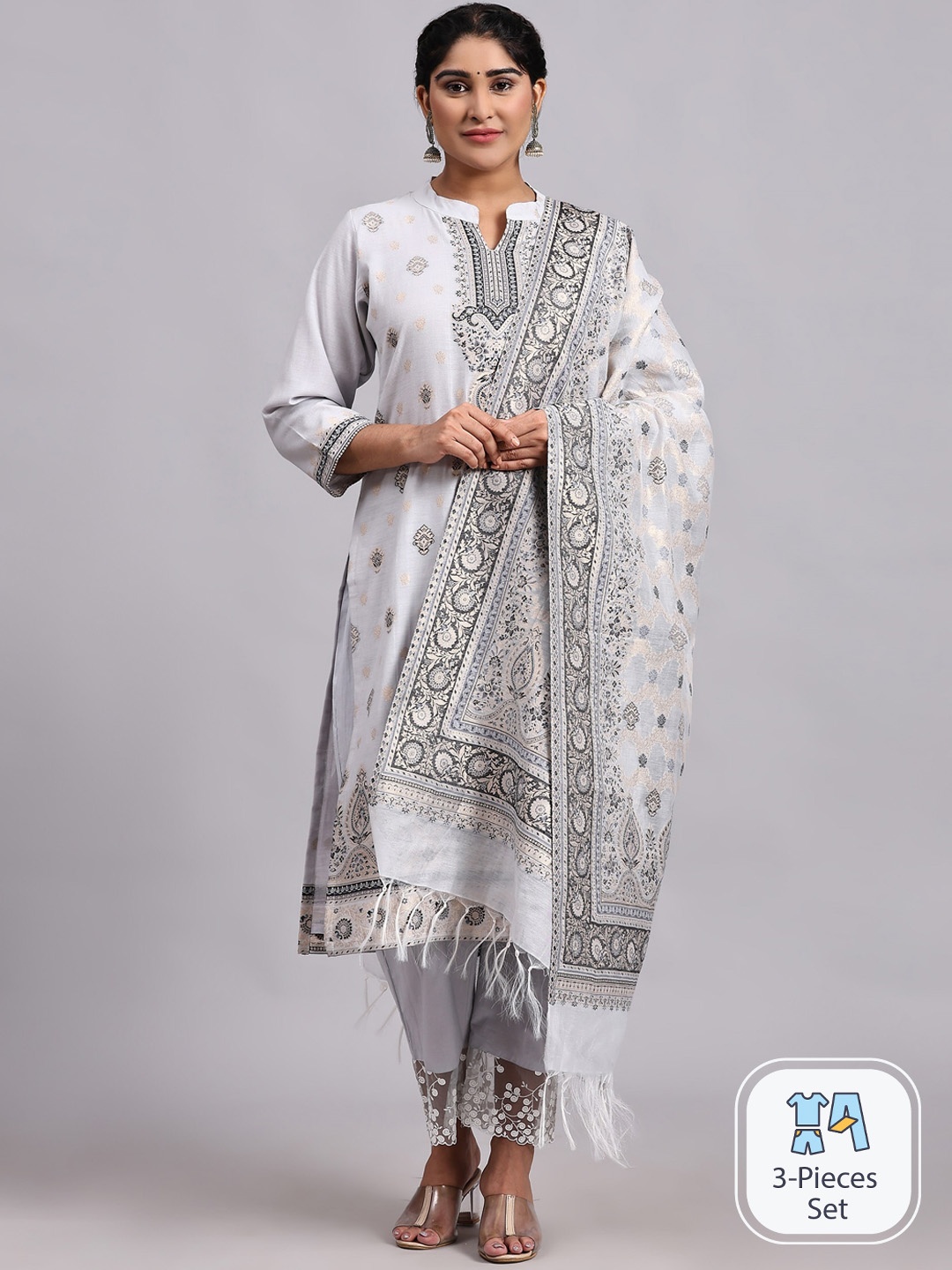 

HOUSE OF KIRNA'S WITH LOGO OF HOK Ethnic Motifs Pure Cotton Kurta With Trousers & Dupatta, Grey