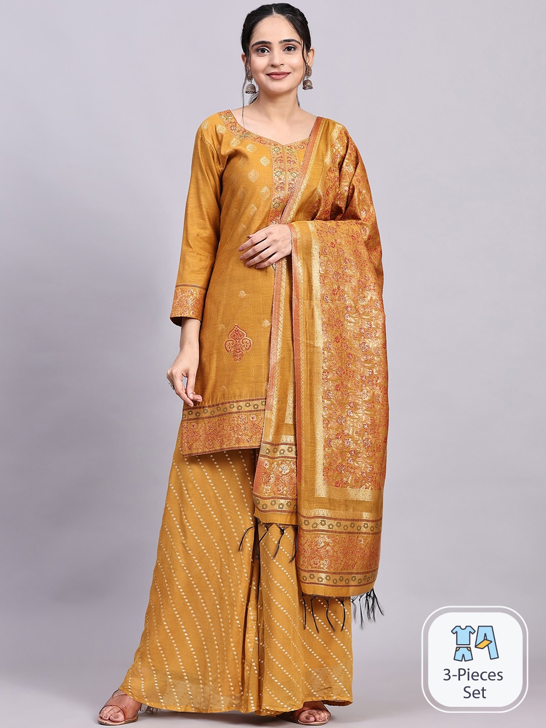 

HOUSE OF KIRNA'S WITH LOGO OF HOK Ethnic Motifs Pure Cotton Kurta With Sharara & Dupatta, Mustard