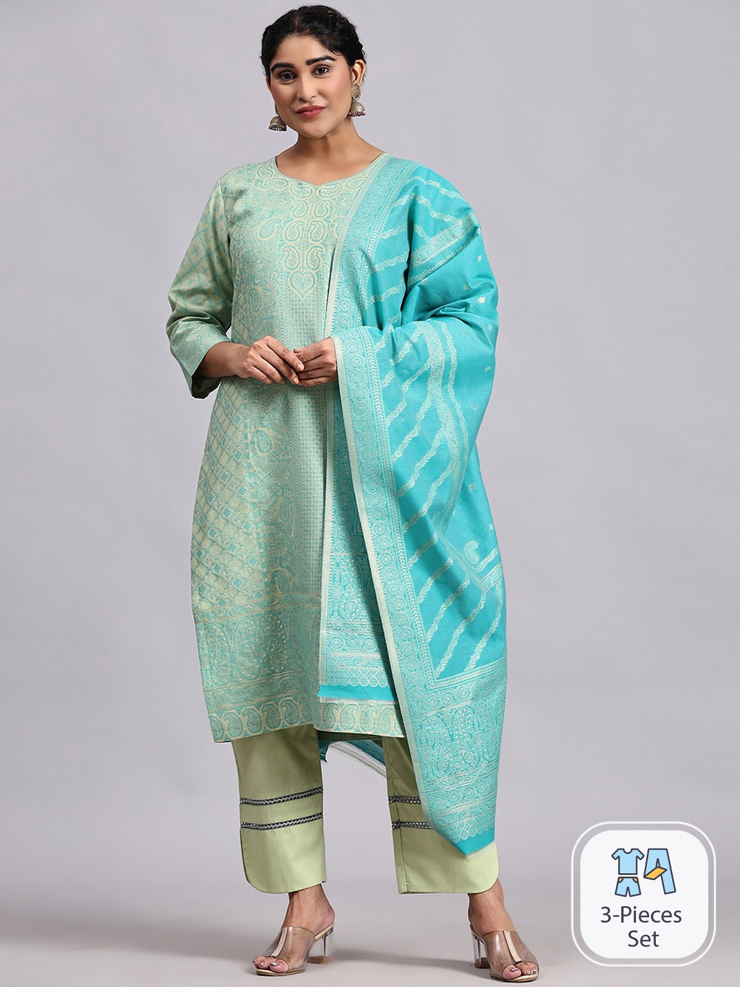 

HOUSE OF KIRNA'S WITH LOGO OF HOK Woven Design Pure Cotton Kurta with Palazzos & Dupatta, Green
