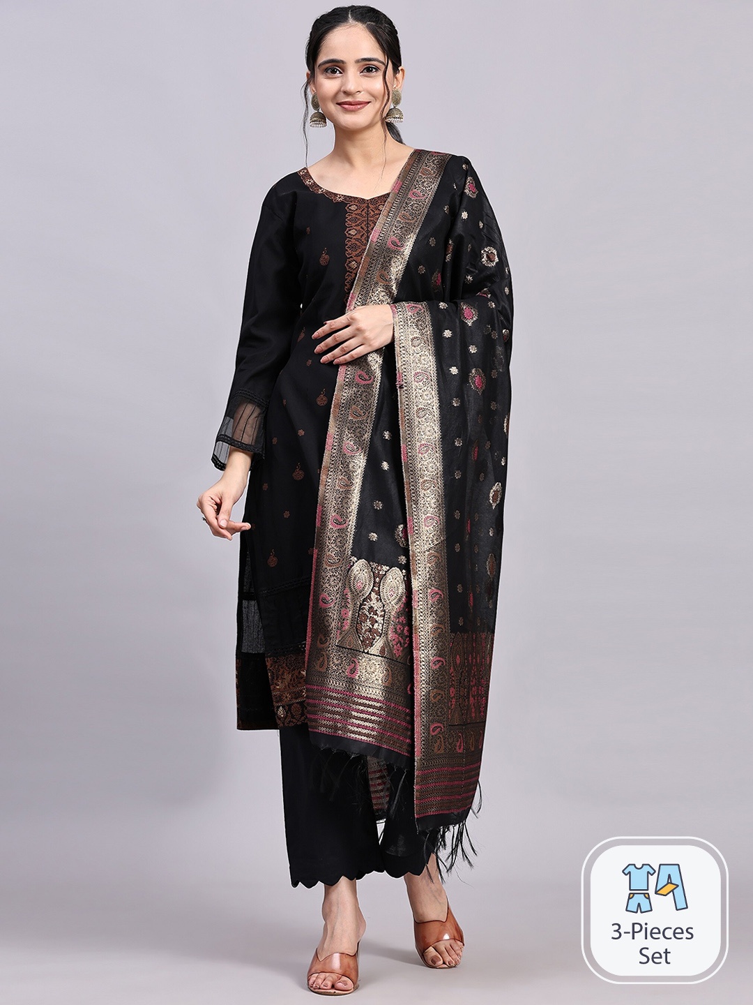 

HOUSE OF KIRNA'S WITH LOGO OF HOK Woven Design Pure Cotton Kurta with Palazzos & Dupatta, Black