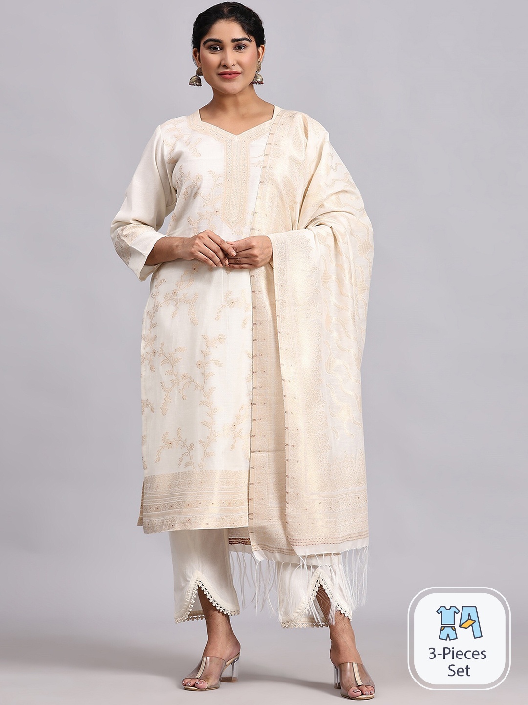 

HOUSE OF KIRNA'S WITH LOGO OF HOK Woven Design Pure Cotton Kurta with Palazzos & Dupatta, Off white