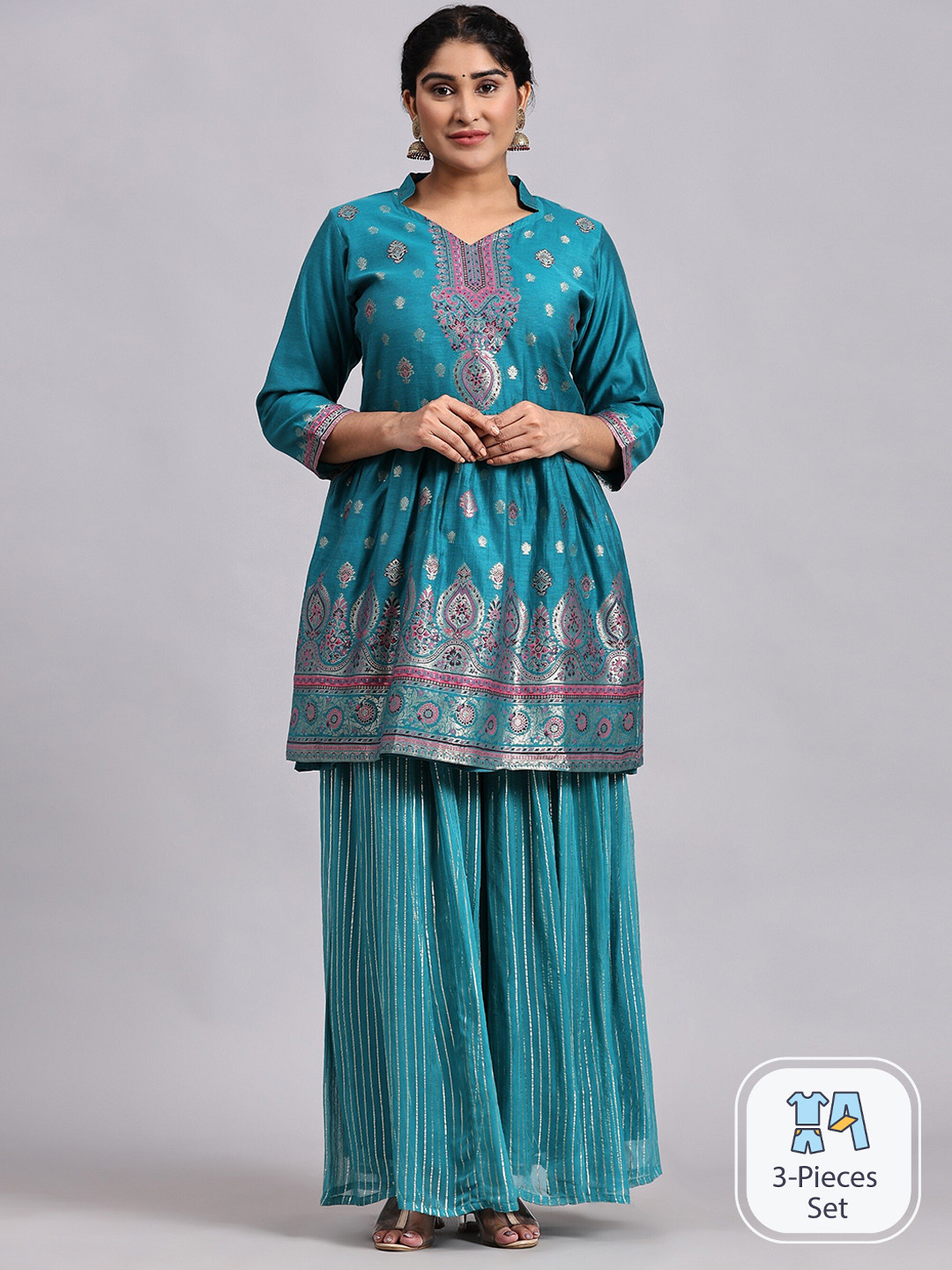 

HOUSE OF KIRNA'S WITH LOGO OF HOK Woven Design Pure Cotton Kurti with Palazzos & Dupatta, Turquoise blue