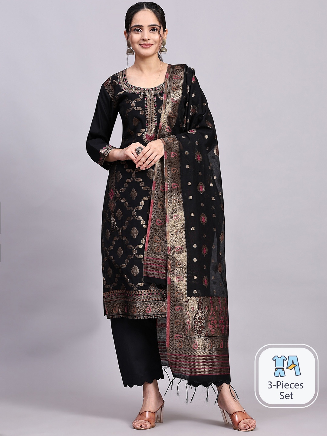 

HOUSE OF KIRNA'S WITH LOGO OF HOK Woven Design Pure Cotton Kurta with Trousers & Dupatta, Black