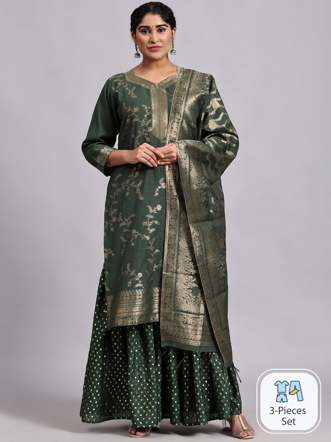 

HOUSE OF KIRNA'S WITH LOGO OF HOK Woven Design Pure Cotton Kurta with Sharara & Dupatta, Green