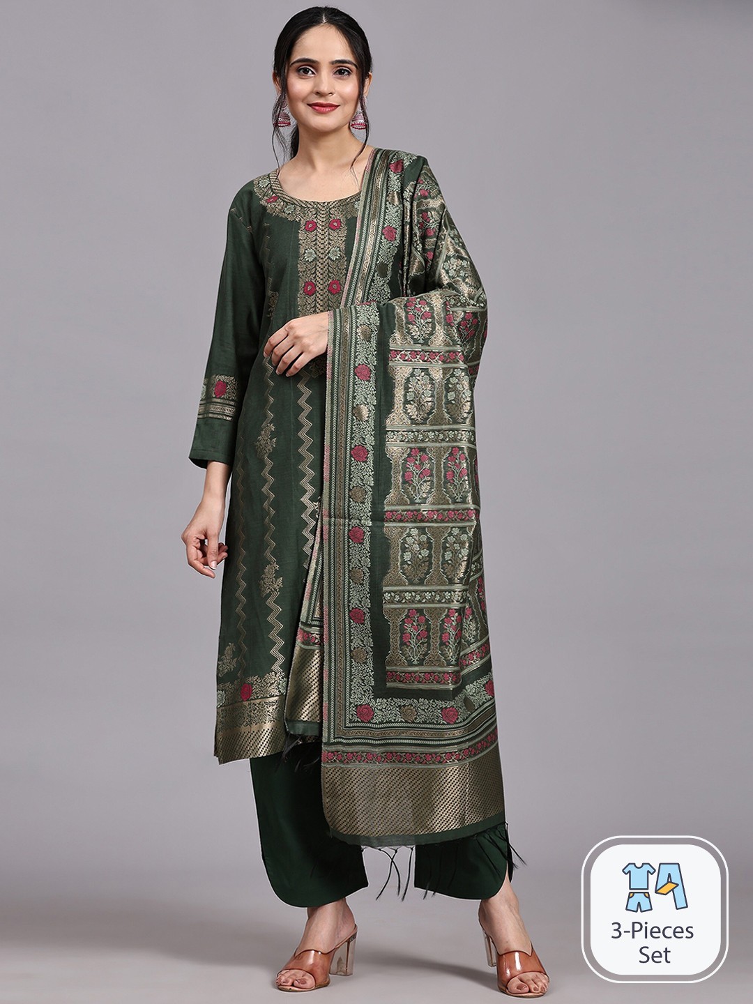 

HOUSE OF KIRNA'S WITH LOGO OF HOK Woven Design Pure Cotton Kurta with Trousers & Dupatta, Green