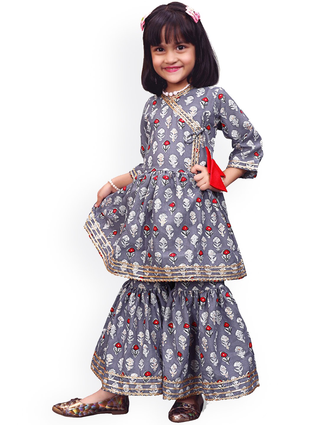 

BAESD Girls Floral Printed Angrakha Anarkali Kurta With Sharara, Grey