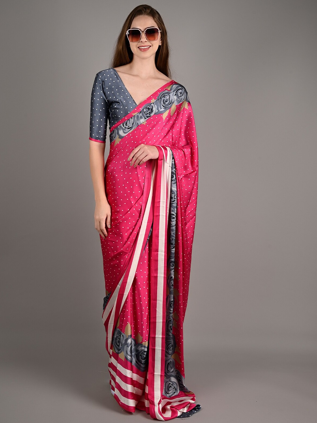 

ODETTE Polka Dot Printed Satin Saree, Pink