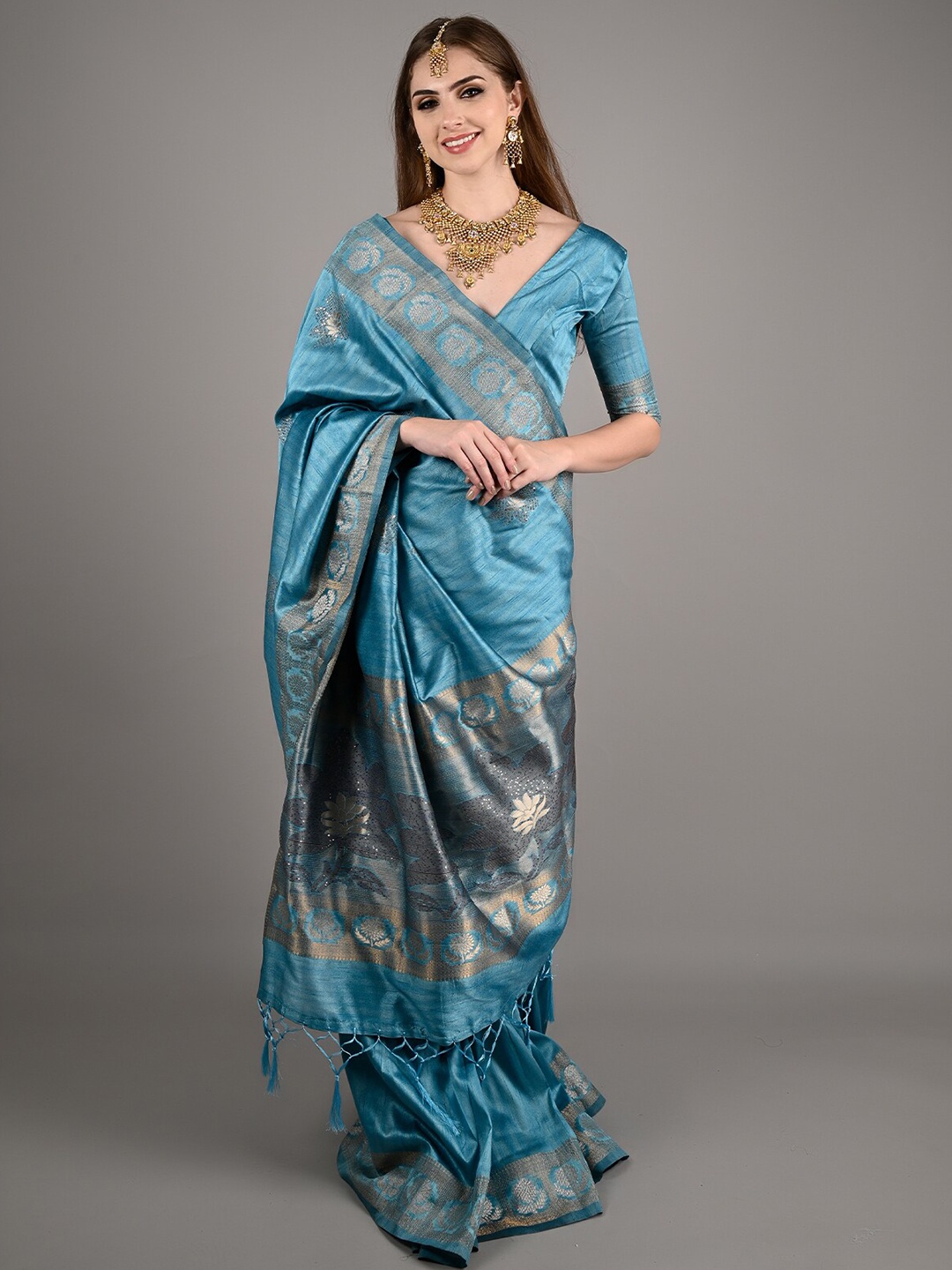 

ODETTE Floral Woven Design Zari Silk Blend Saree, Blue