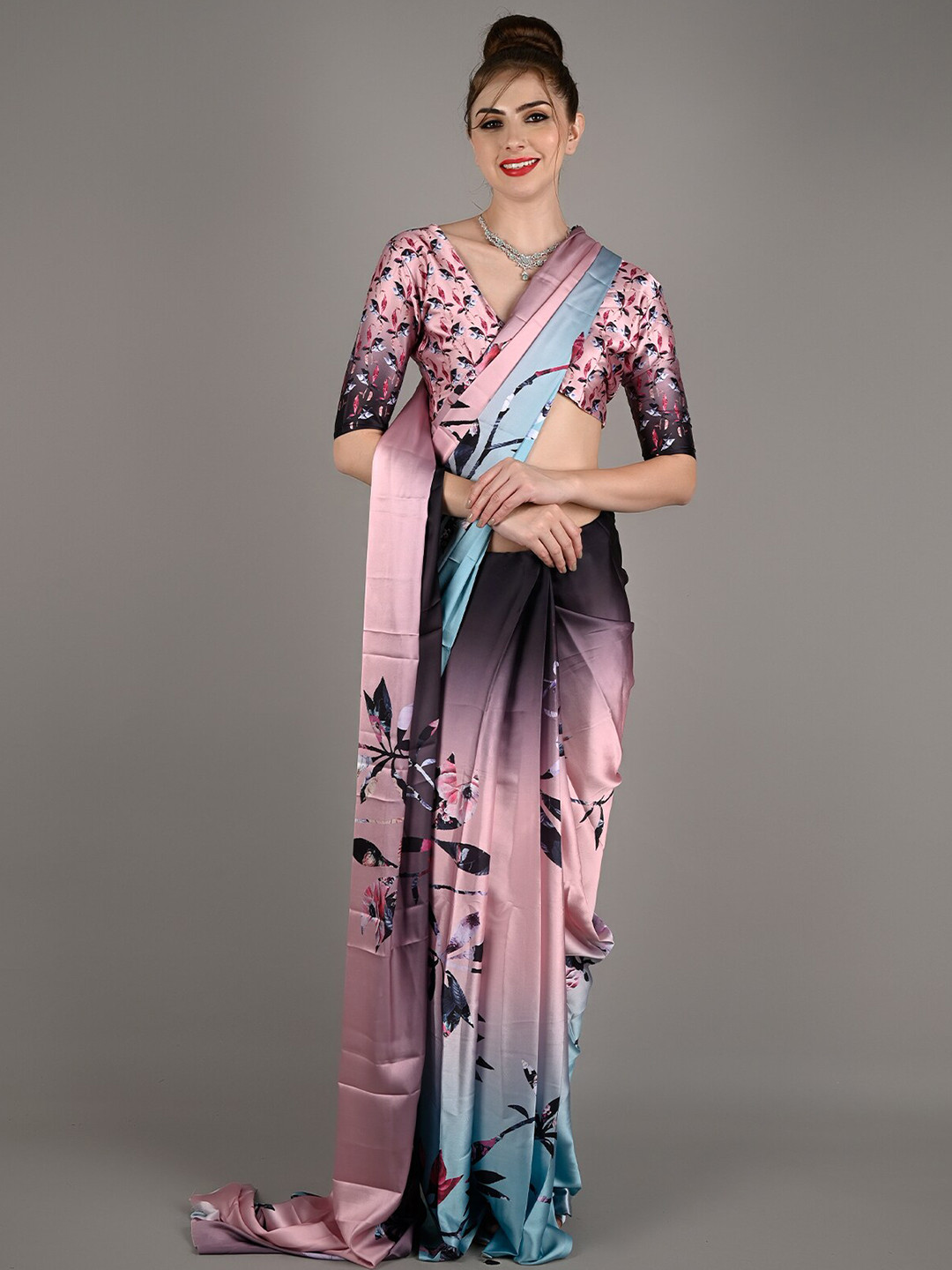 

ODETTE Floral Printed Satin Saree, Pink