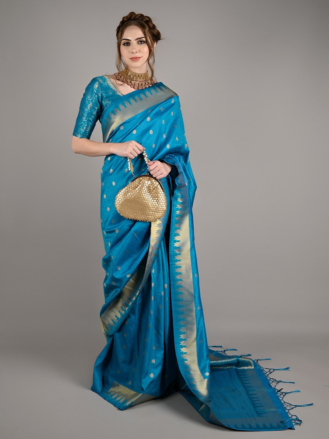 

ODETTE Ethnic Motifs Woven Design Zari Silk Blend Saree, Blue