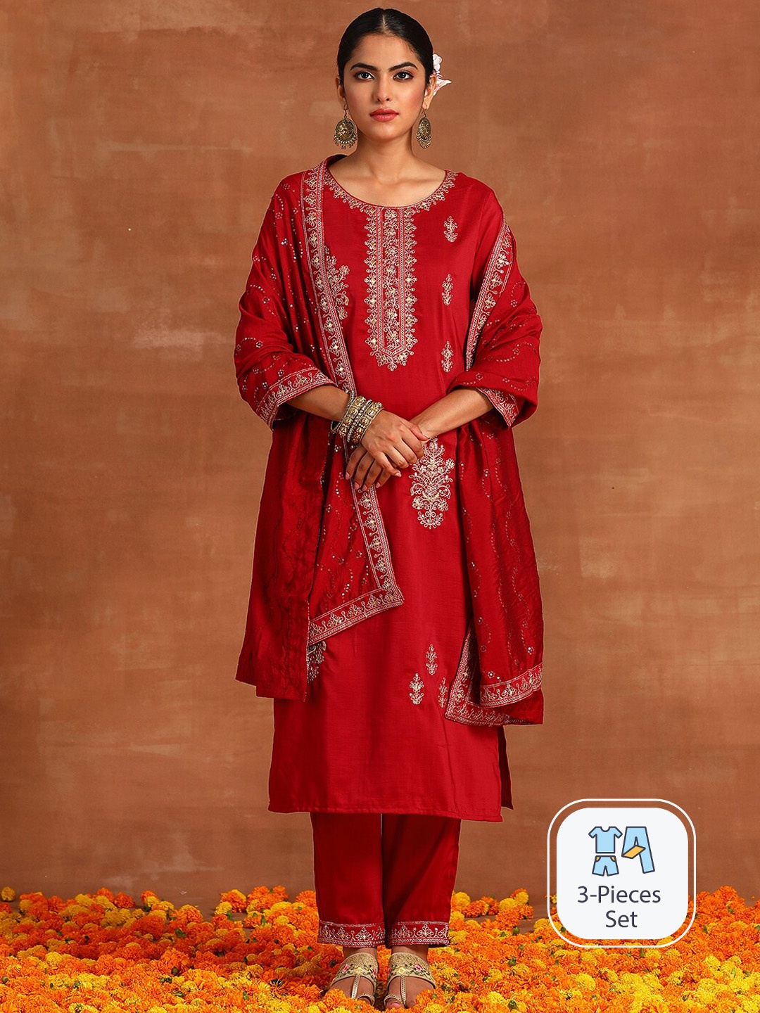 

Indo Era Floral Embroidered Regular Sequinned Kurta With Trousers & Dupatta, Maroon
