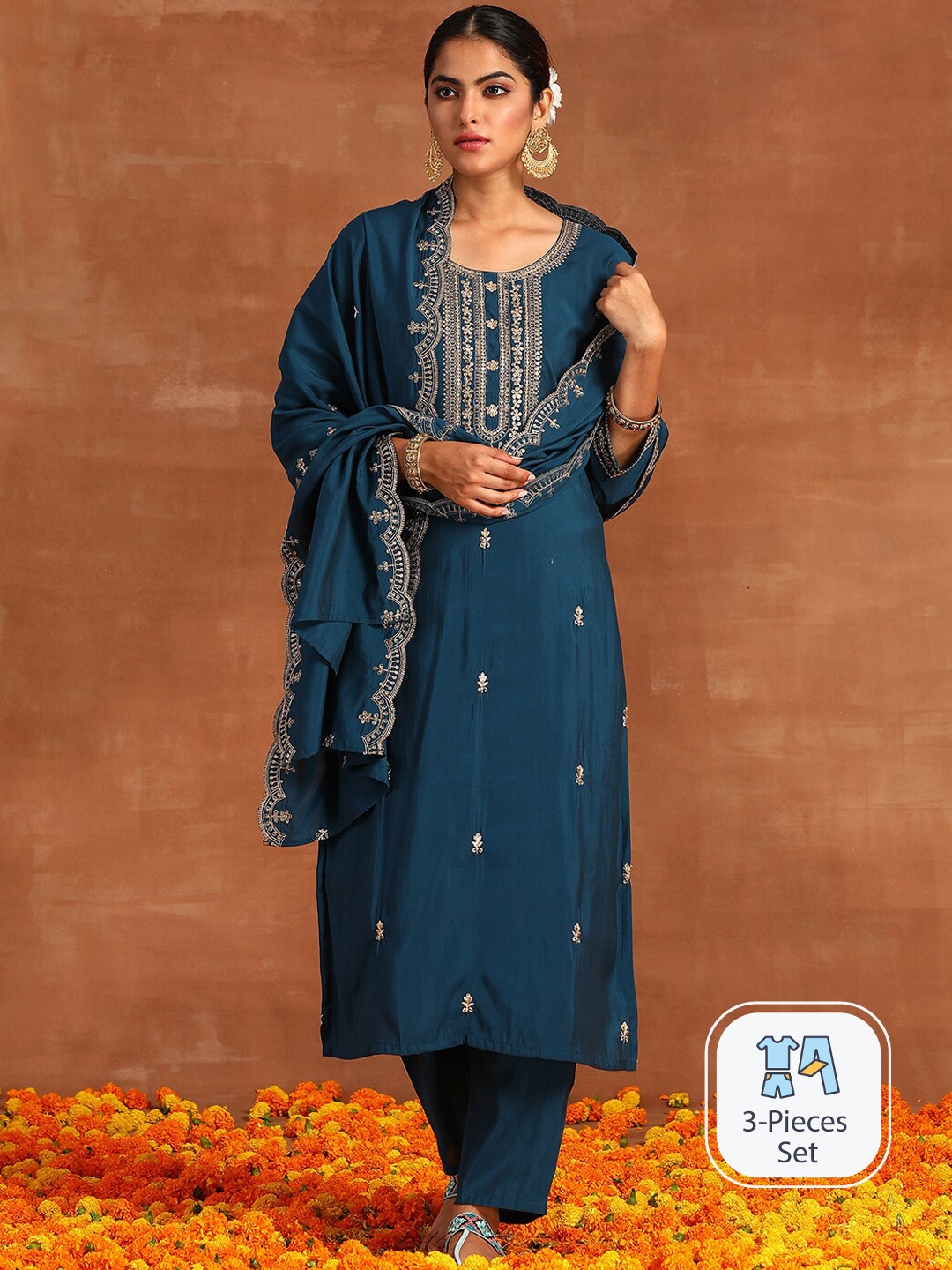 

Indo Era Ethnic Motifs Embroidered Sequinned Kurta with Trousers & With Dupatta, Teal
