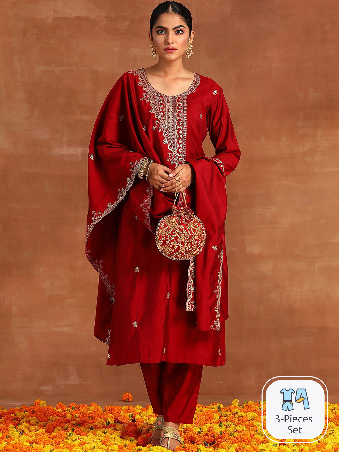 

Indo Era Ethnic Motifs Embroidered Regular Sequinned Kurta With Trousers & Dupatta, Maroon