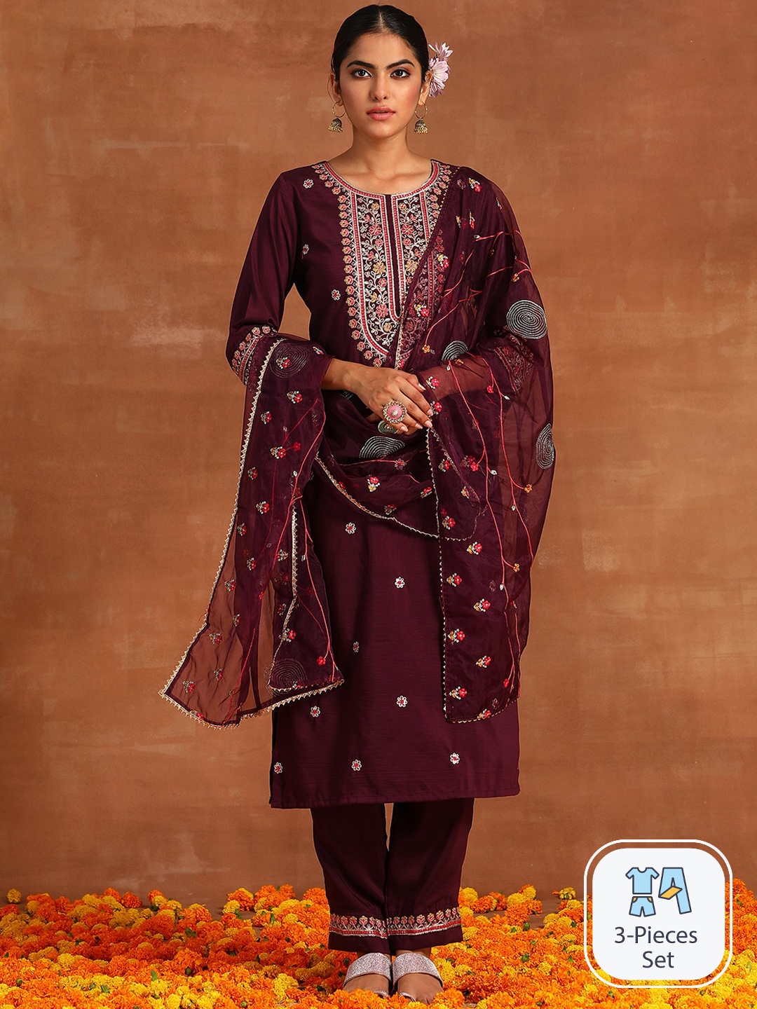 

Indo Era Floral Embroidered Gotta Patti Kurta & Trousers With Dupatta, Burgundy