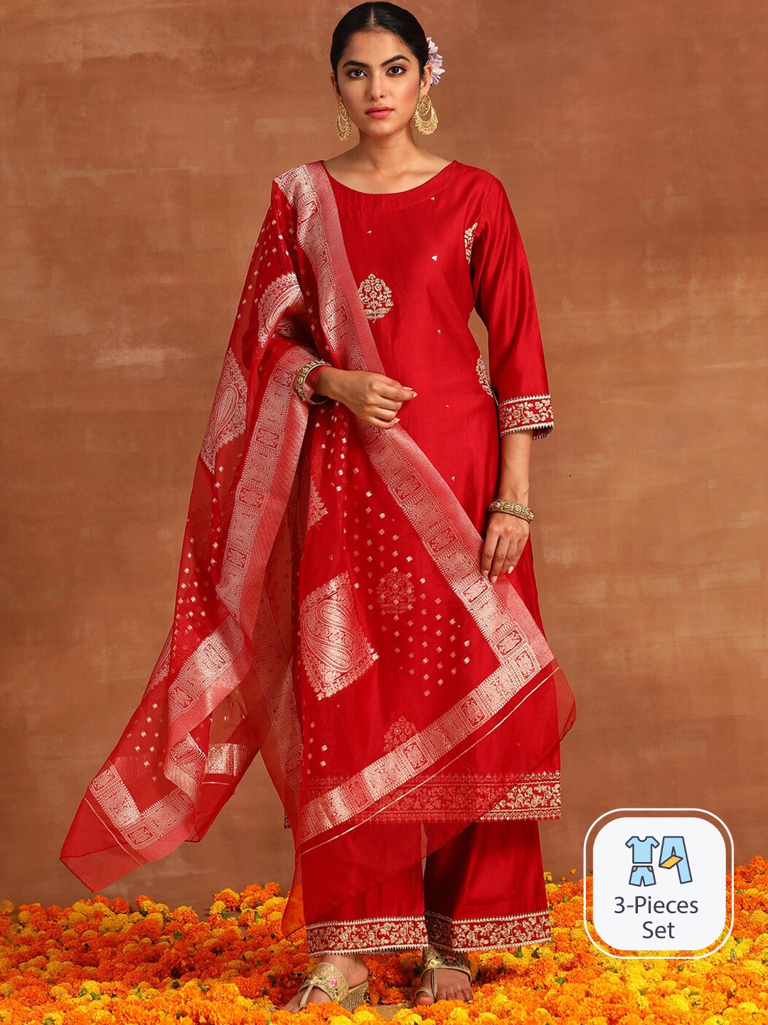 

Indo Era Ethnic Motif Embroidered Regular Kurta With Palazzos & Dupatta, Red