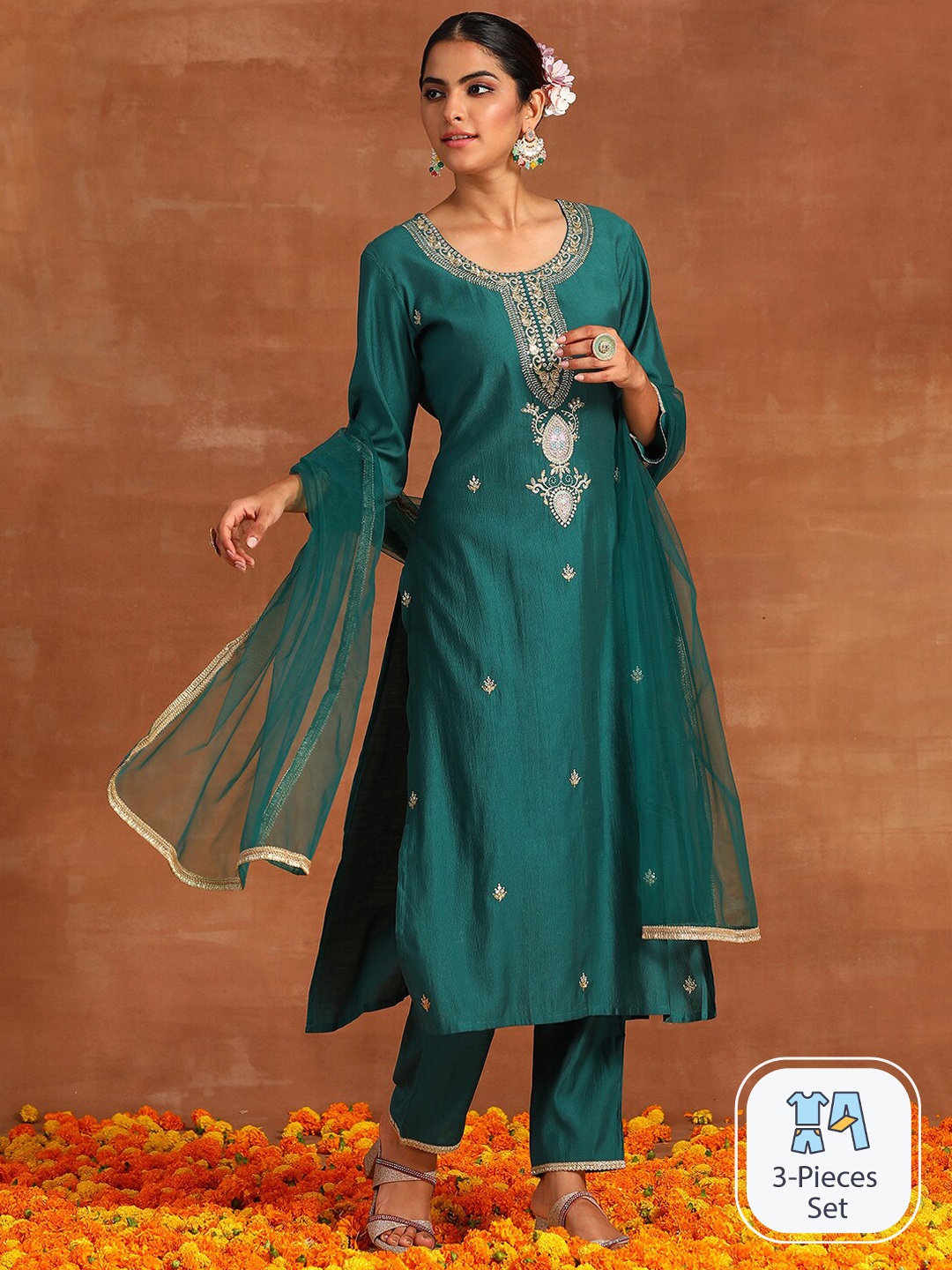 

Indo Era Ethnic Motifs Embroidered Regular Sequinned Kurta With Trousers & Dupatta, Teal