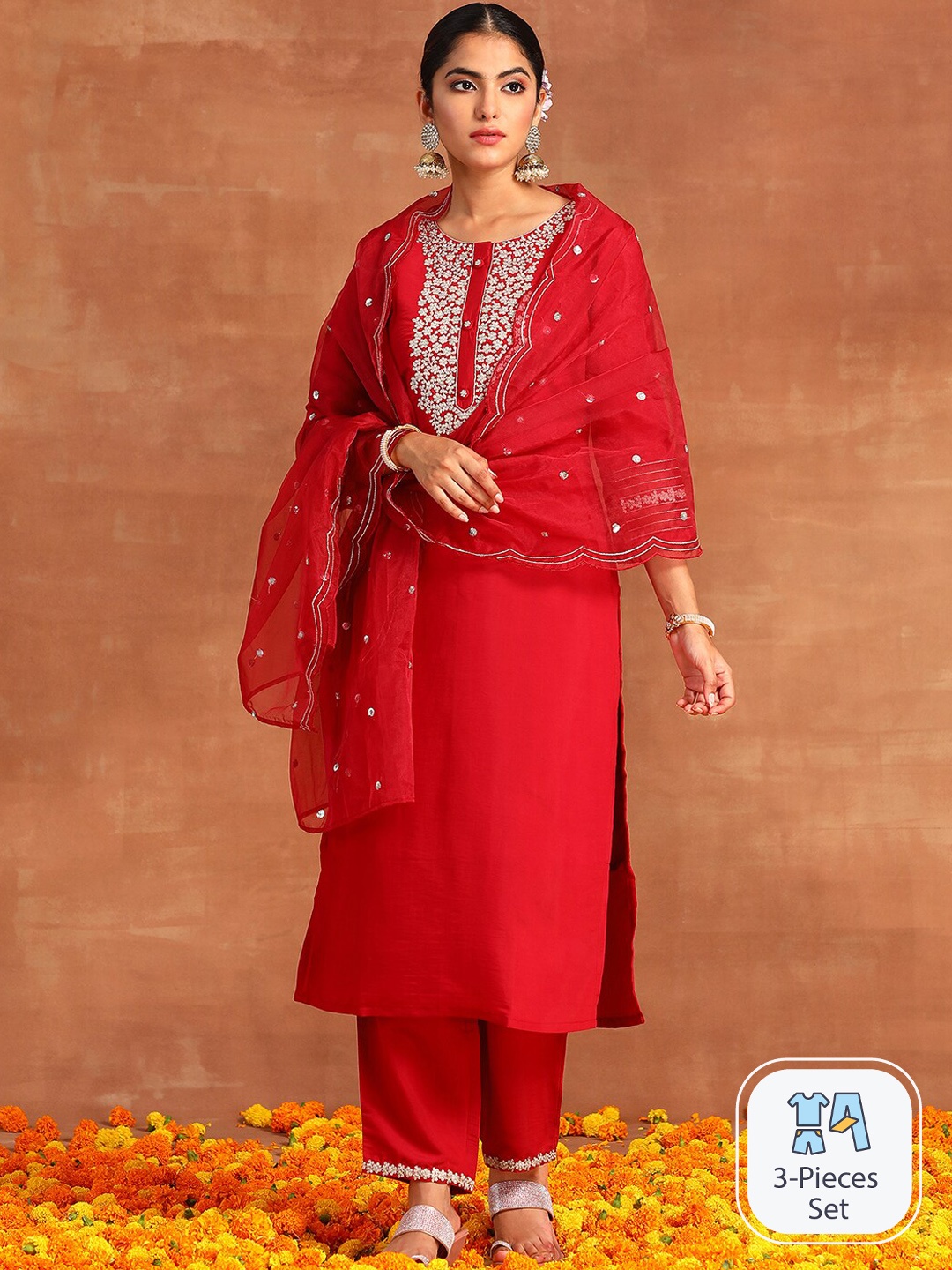 

Indo Era Floral Yoke Design Sequinned Detail Straight Kurta & Trousers With Dupatta, Red