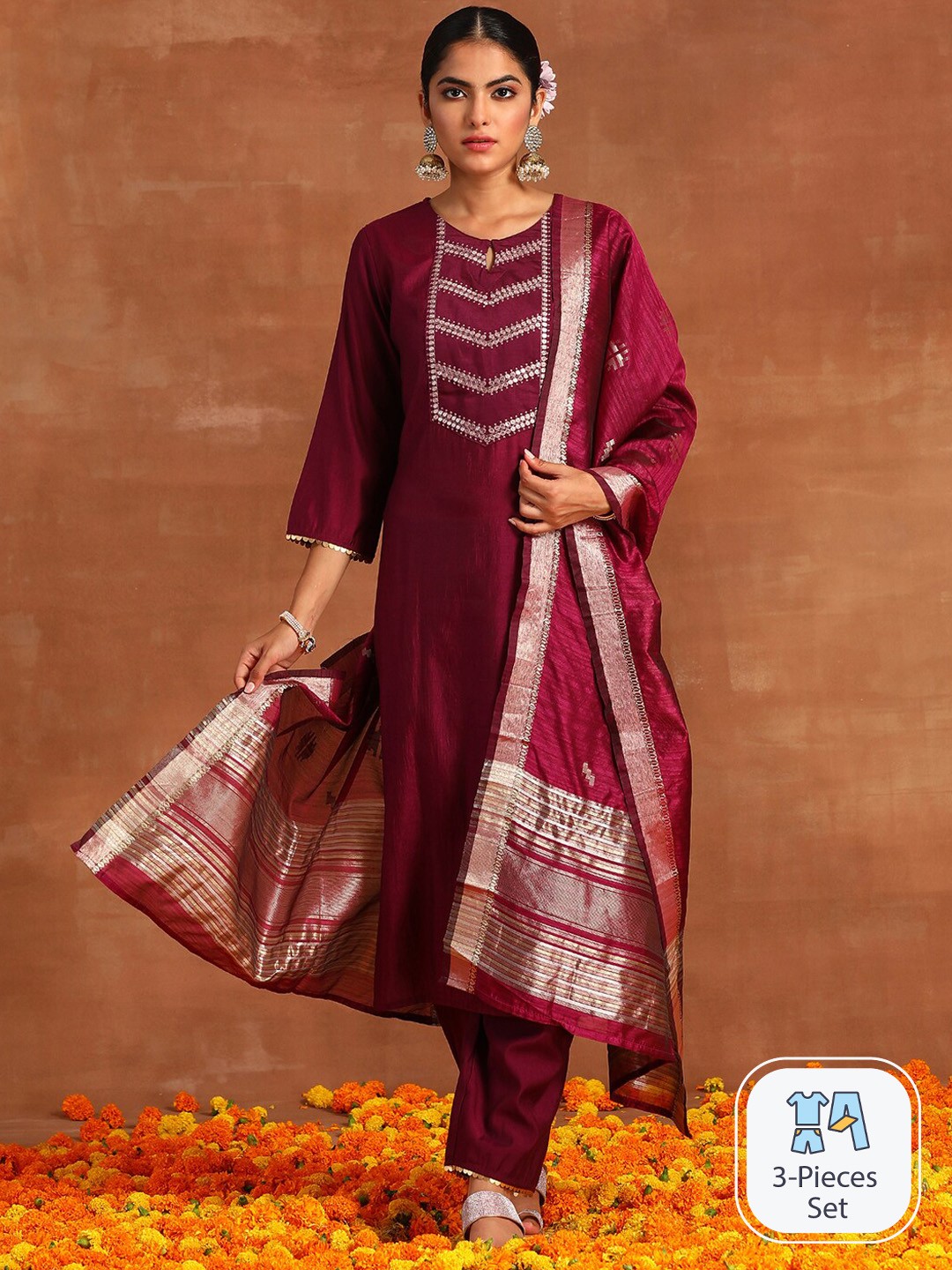 

Indo Era Ethnic Motifs Embroidered Liva Kurta & Trousers With Dupatta, Magenta