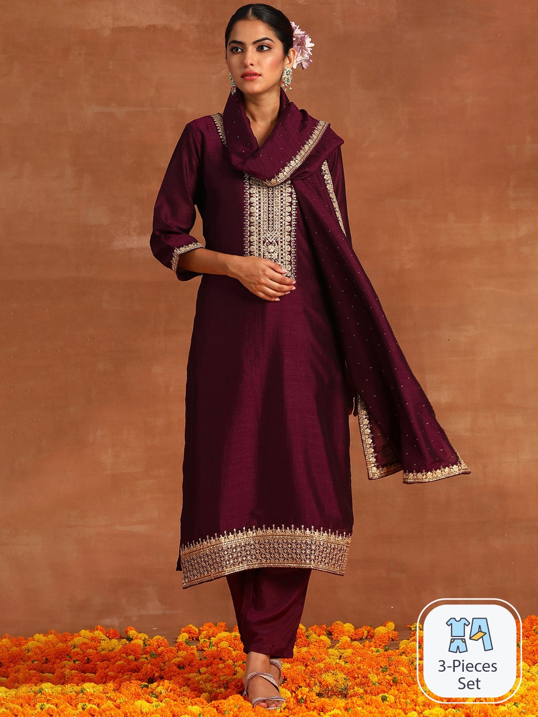 

Indo Era Ethnic Motif Yoke Design Regular Sequinned Kurta With Trousers & Dupatta, Burgundy